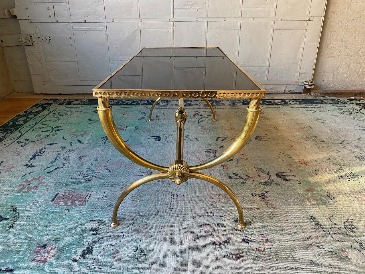 French Neoclassical Brass Coffee Table with Black Glass by Raymond Subes 4