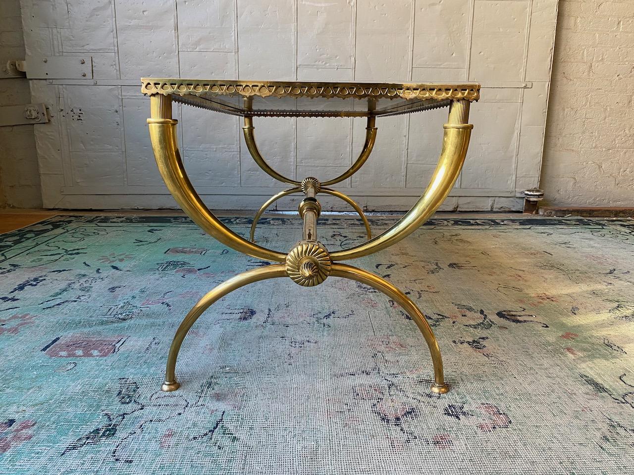 French Neoclassical Brass Coffee Table with Black Glass by Raymond Subes 5