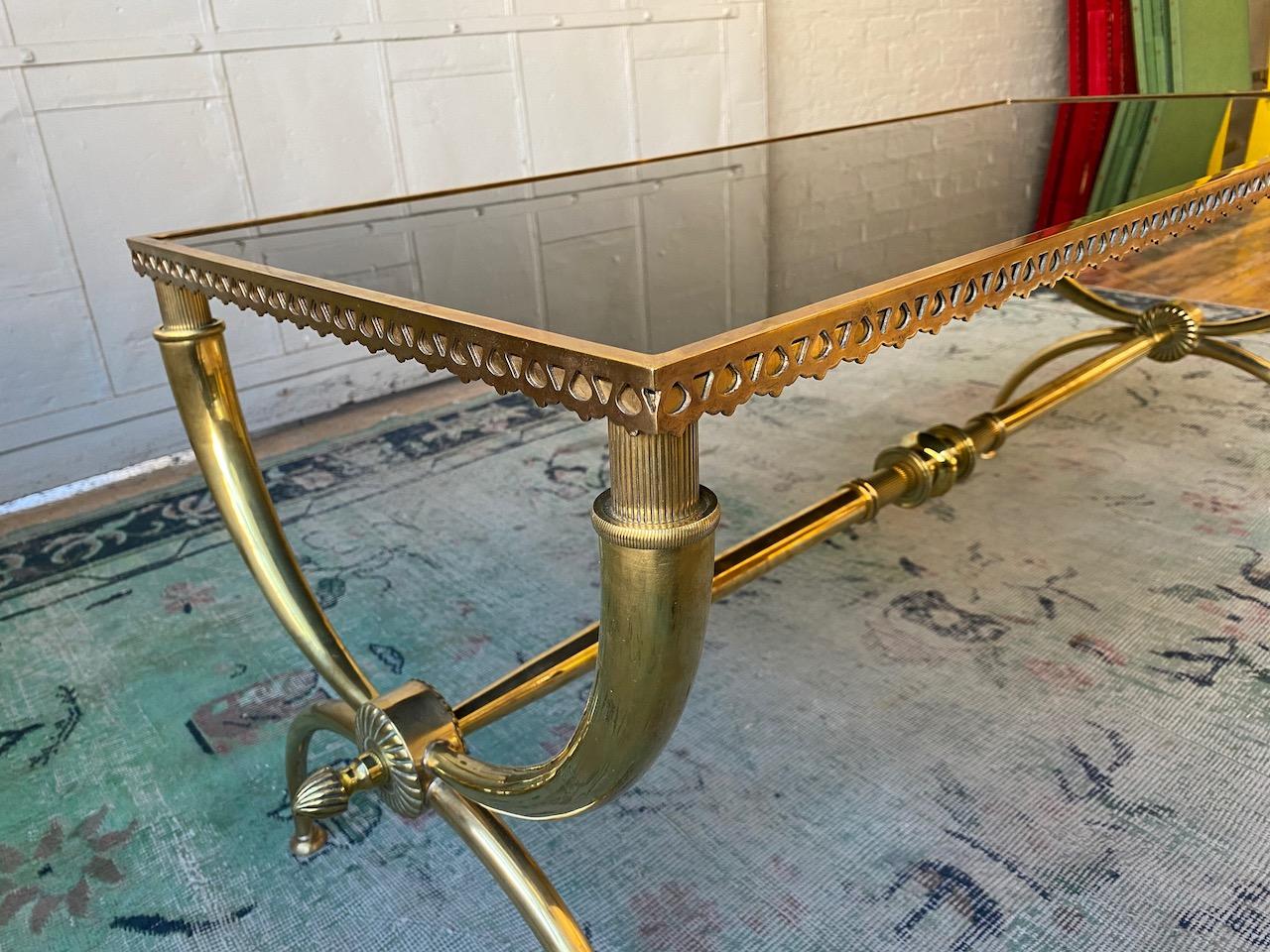 French Neoclassical Brass Coffee Table with Black Glass by Raymond Subes 2