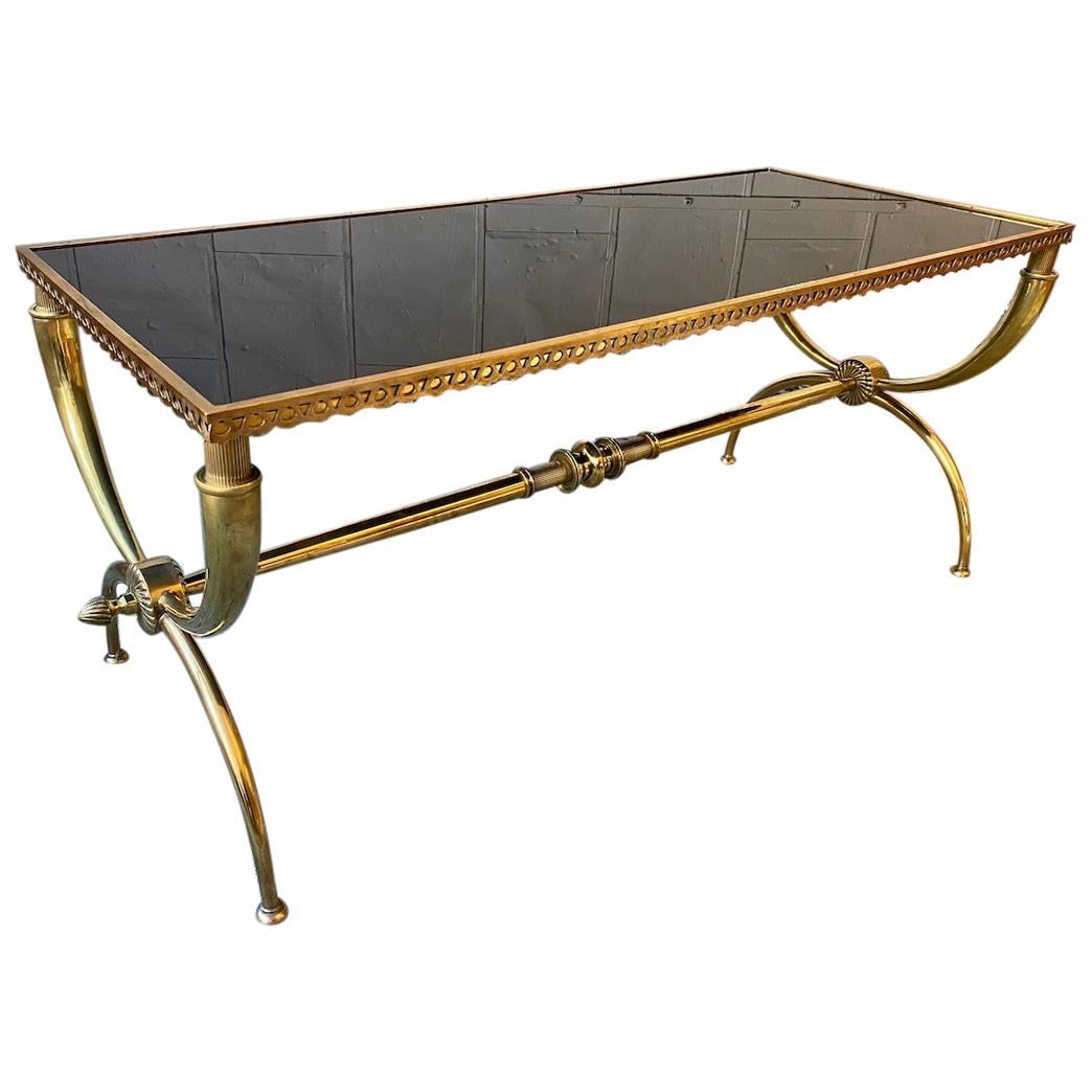 French Neoclassical Brass Coffee Table with Black Glass by Raymond Subes