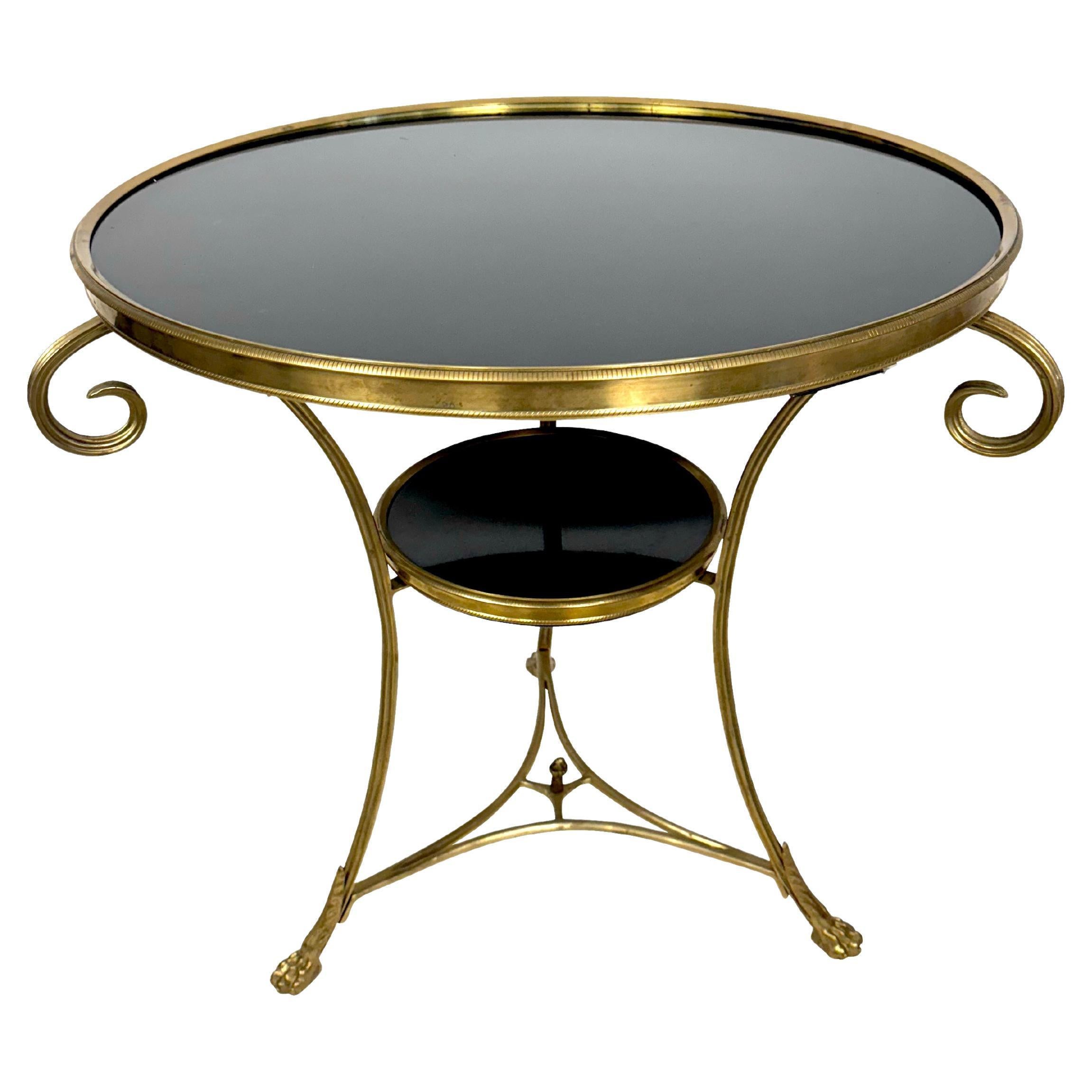 French Neoclassical Brass Guéridon Center Table Black Granite Top and Paw Feet