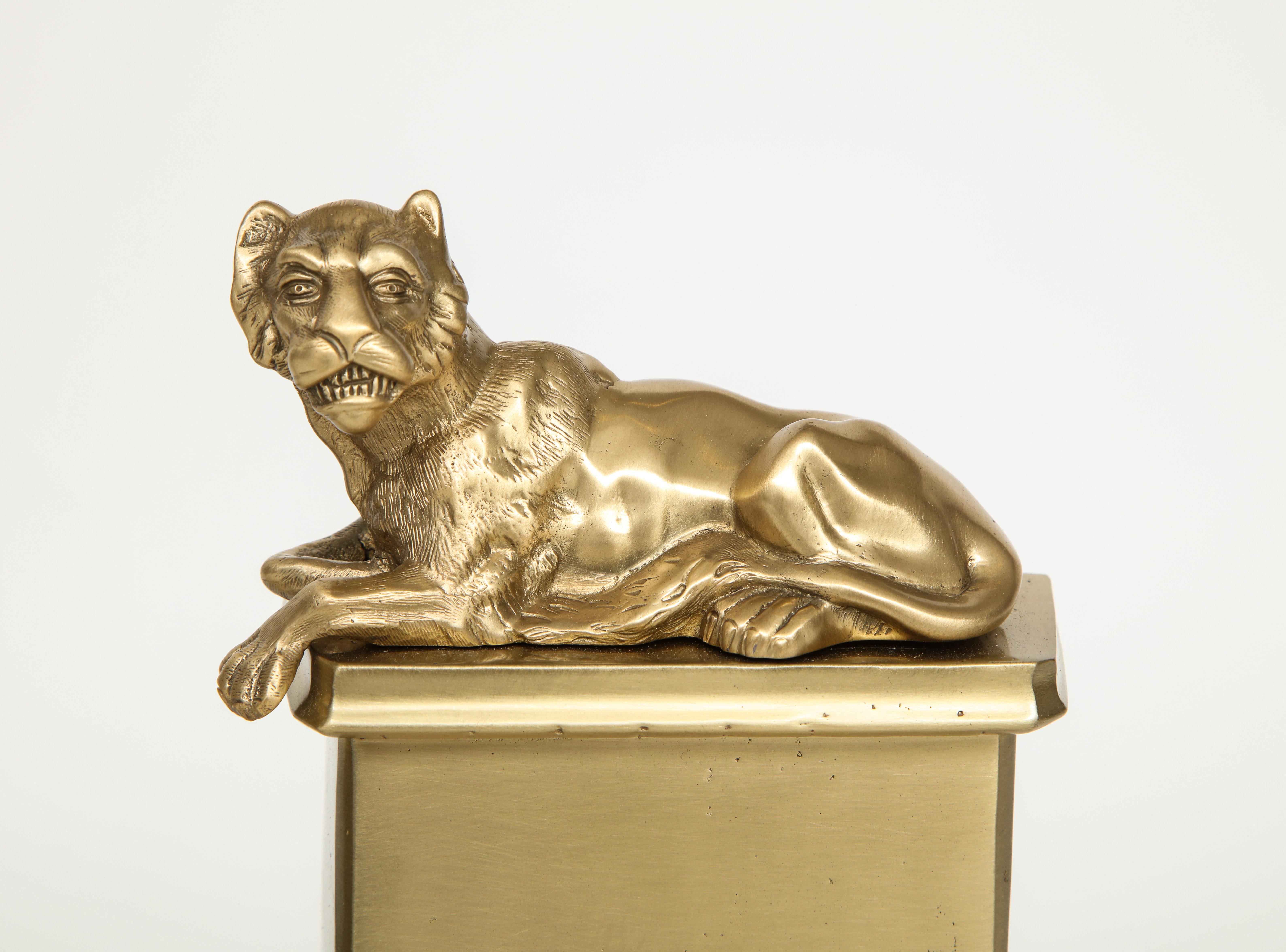 French Neoclassical Brass Lion Andirons 1
