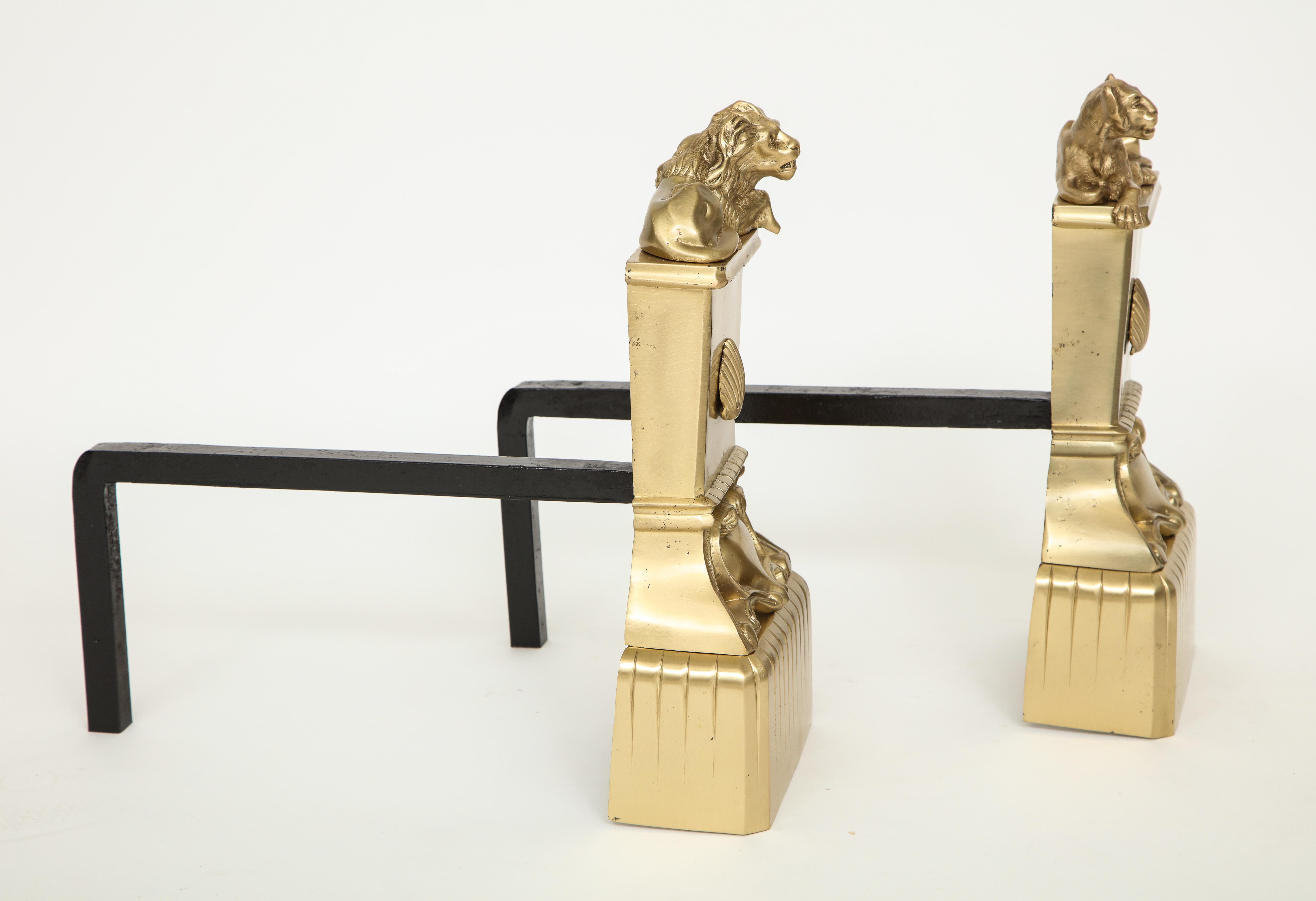 French Neoclassical Brass Lion Andirons 4