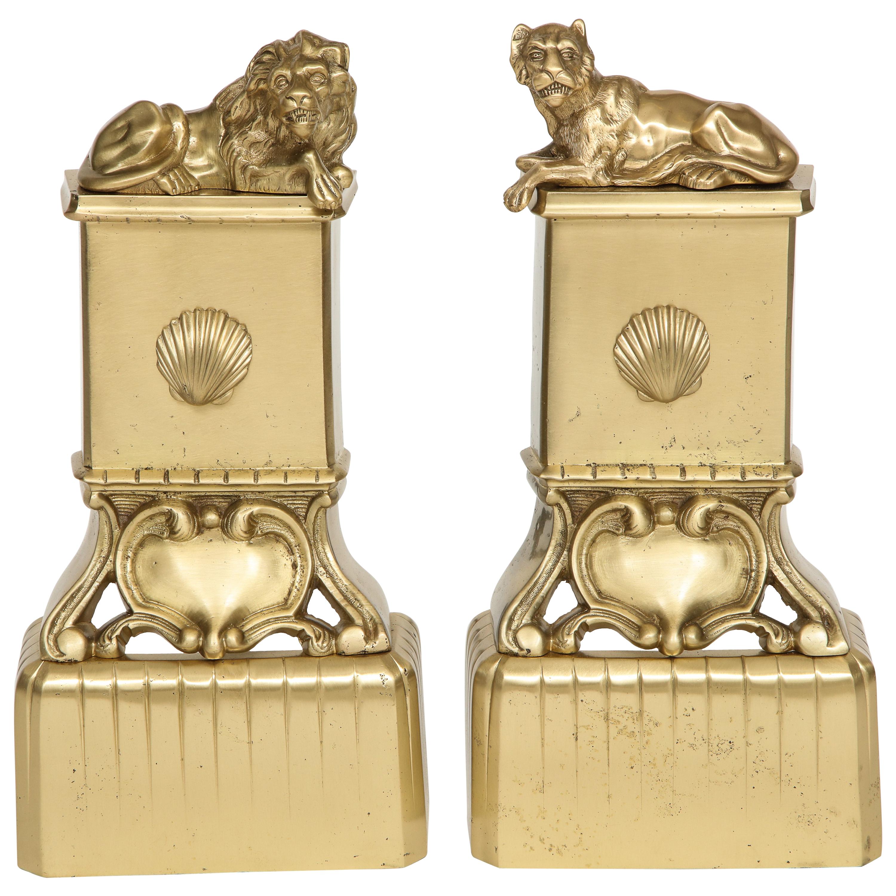 French Neoclassical Brass Lion Andirons