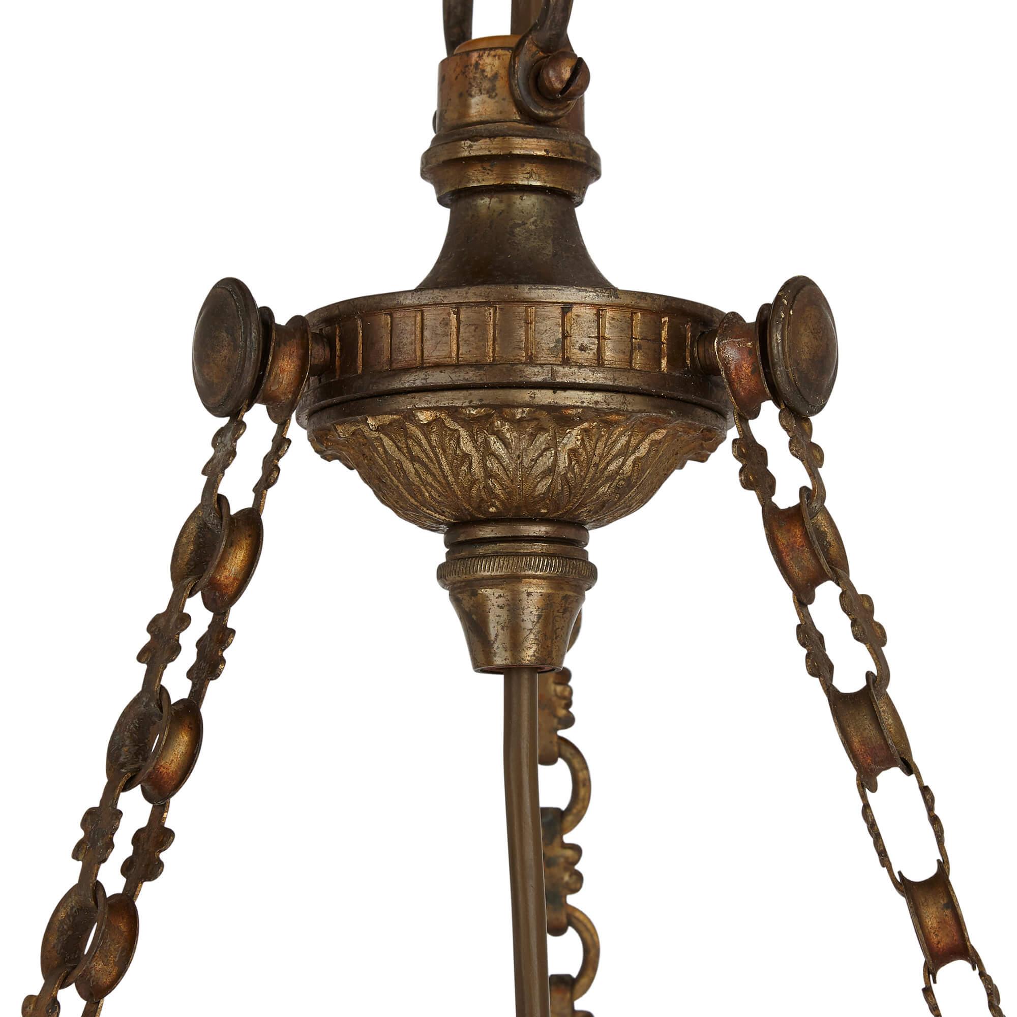 French Neoclassical Bronze and Alabaster Chandelier In Good Condition For Sale In London, GB