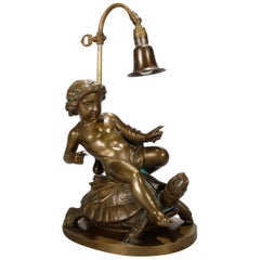 Antique French Neoclassical Bronze Figural Cherub and Turtle Desk Lamp, circa 1890