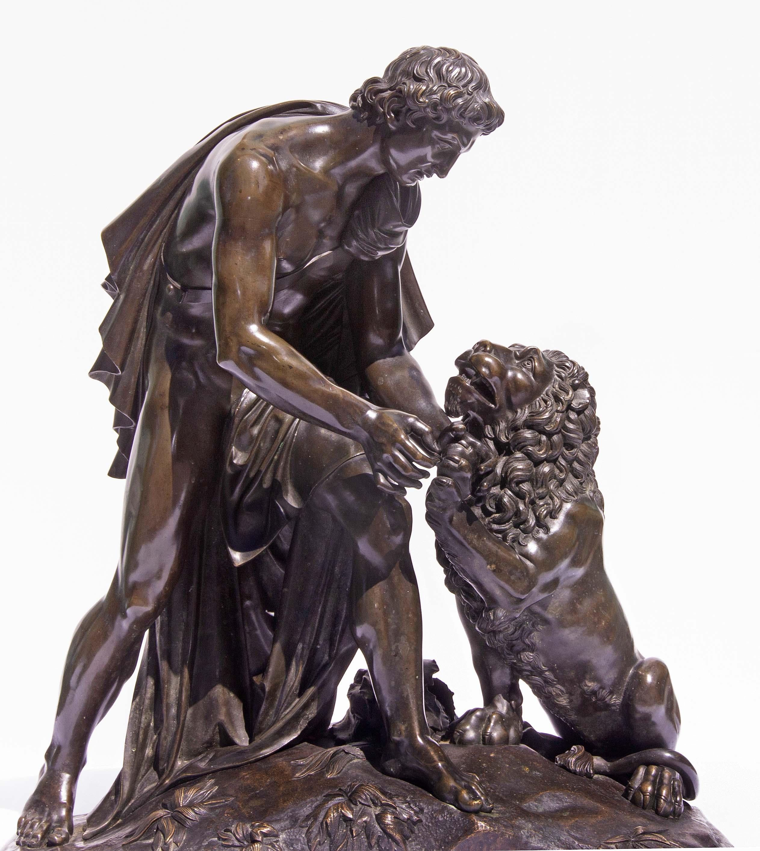 Large French Neoclassical sculpture of Androcles and the Lion. Exceptional quality casting and patina. Mid 19th century.
The runaway slave Androcles became friends with a wounded lion, because he removed a thorn from its paw. When Androcles was