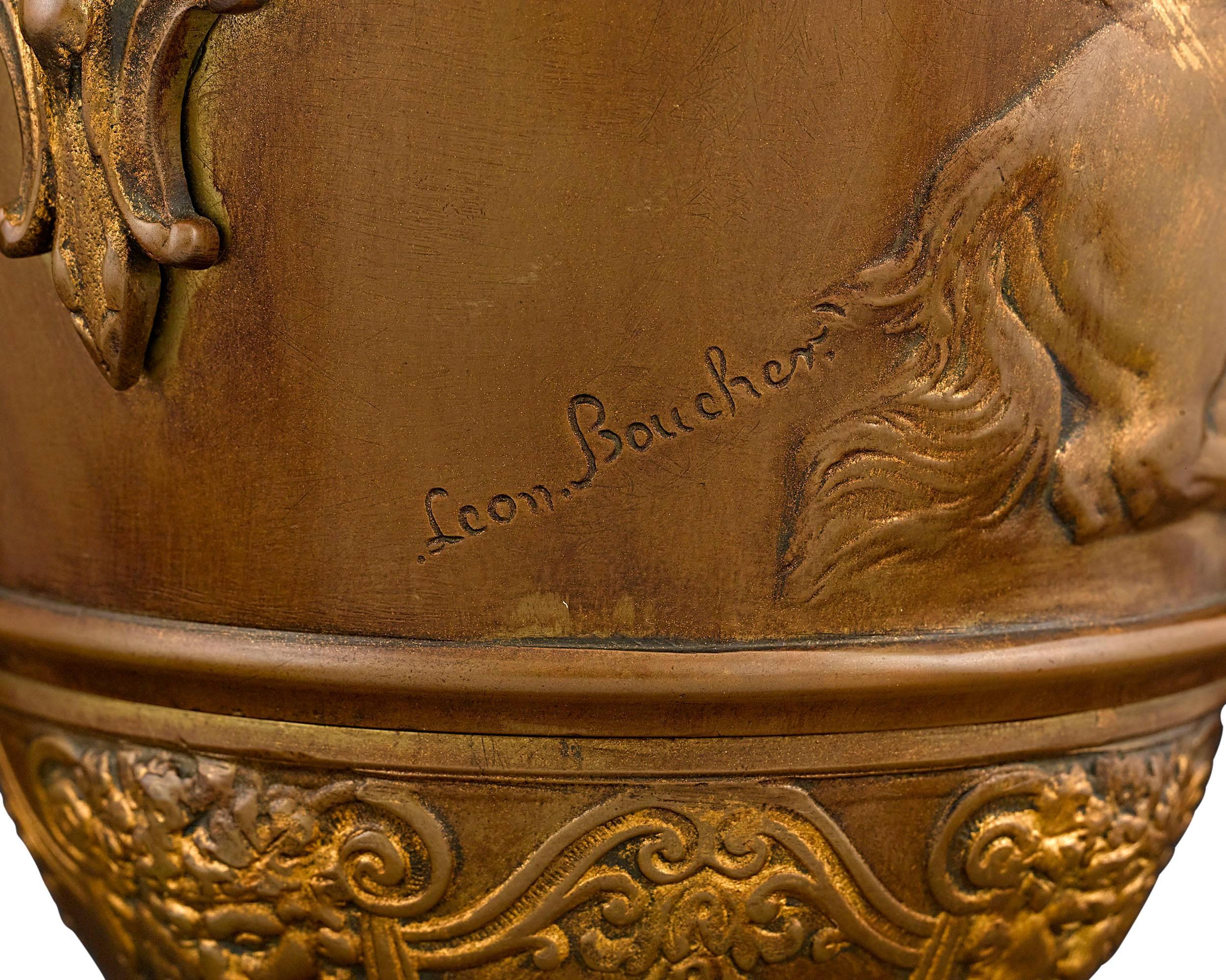 Etched French Neoclassical Bronze Urns 