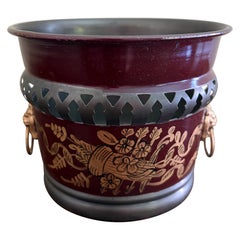 French Neoclassical Burgundy & Gold Tole Cachepot with Brass Lion Heads