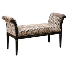 French Neoclassical Carved Arm Bench Newly Upholstered in Greek Key Cut Velvet 