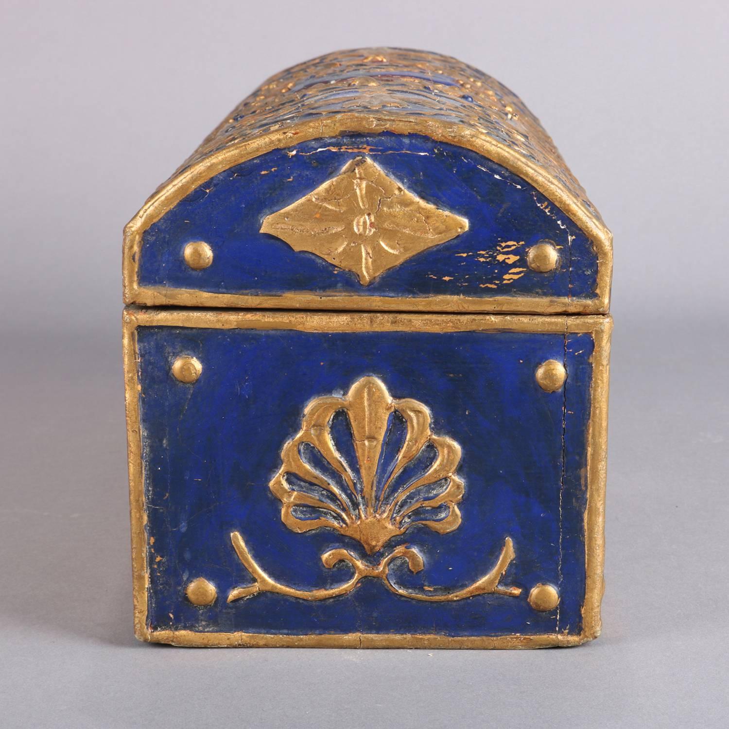 Wood French Neoclassical Carved Cobalt & Gilt Lion Rampant Dresser Box, 19th Century