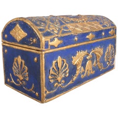 French Neoclassical Carved Cobalt & Gilt Lion Rampant Dresser Box, 19th Century