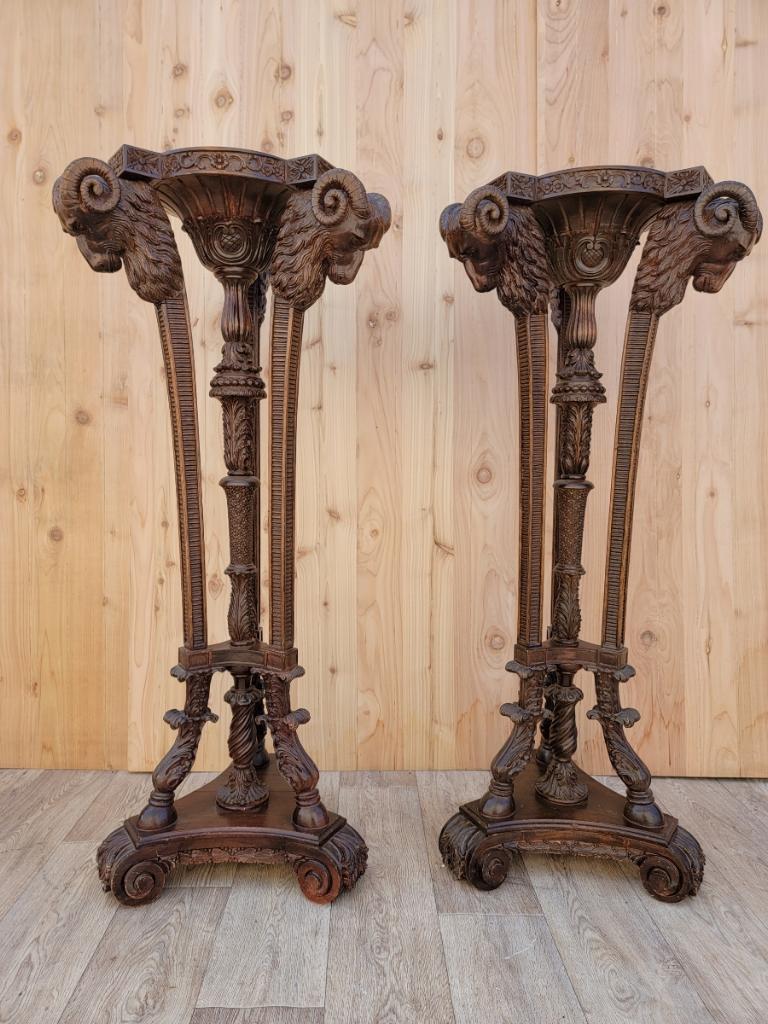 French Neoclassical Carved Mahogany Ram's Head Pedestal Stands, Pair  6