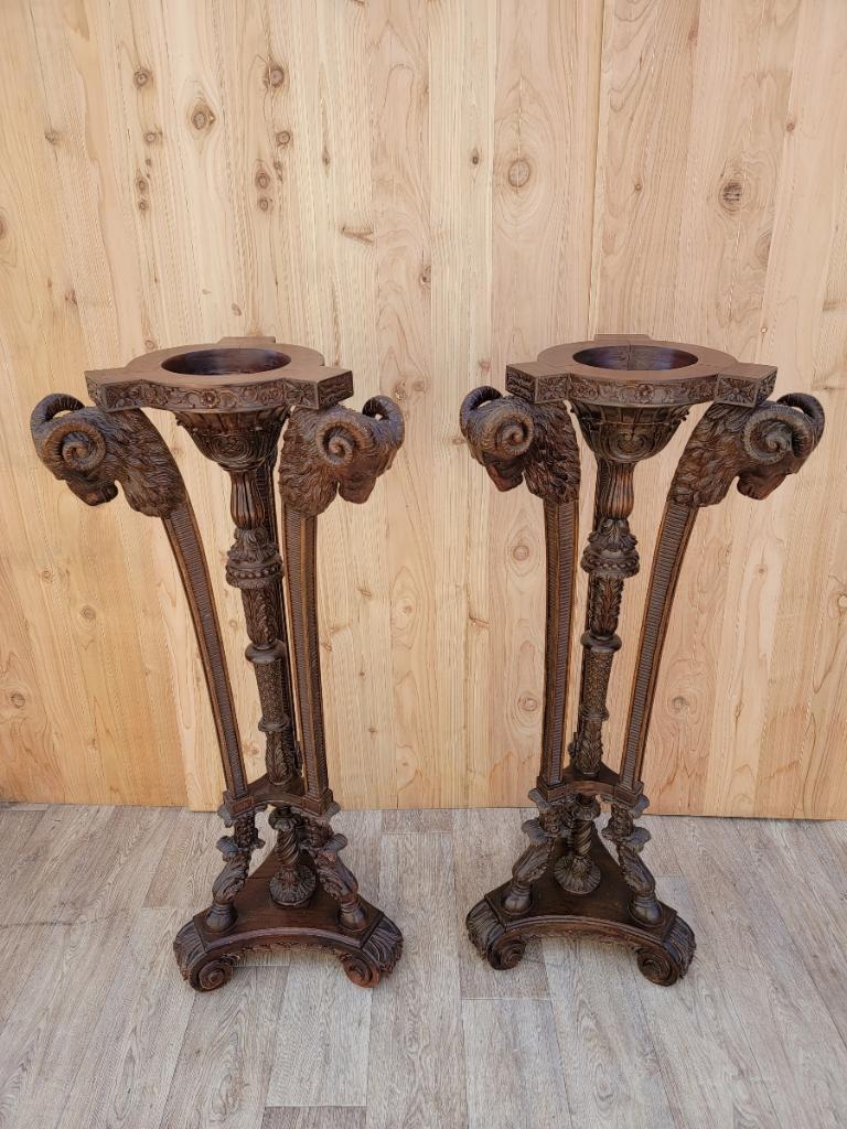 French Neoclassical Carved Mahogany Ram's Head Pedestal Stands, Pair  In Good Condition In Chicago, IL