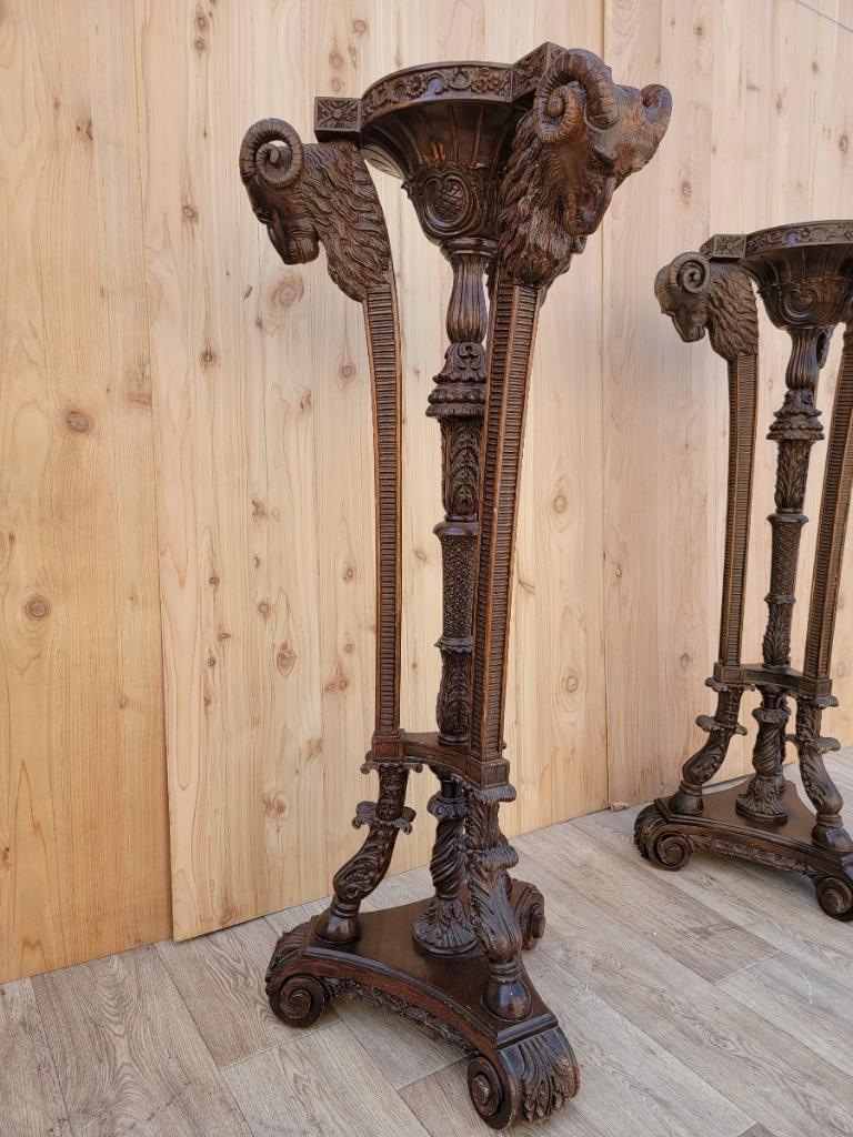 Late 20th Century French Neoclassical Carved Mahogany Ram's Head Pedestal Stands, Pair 