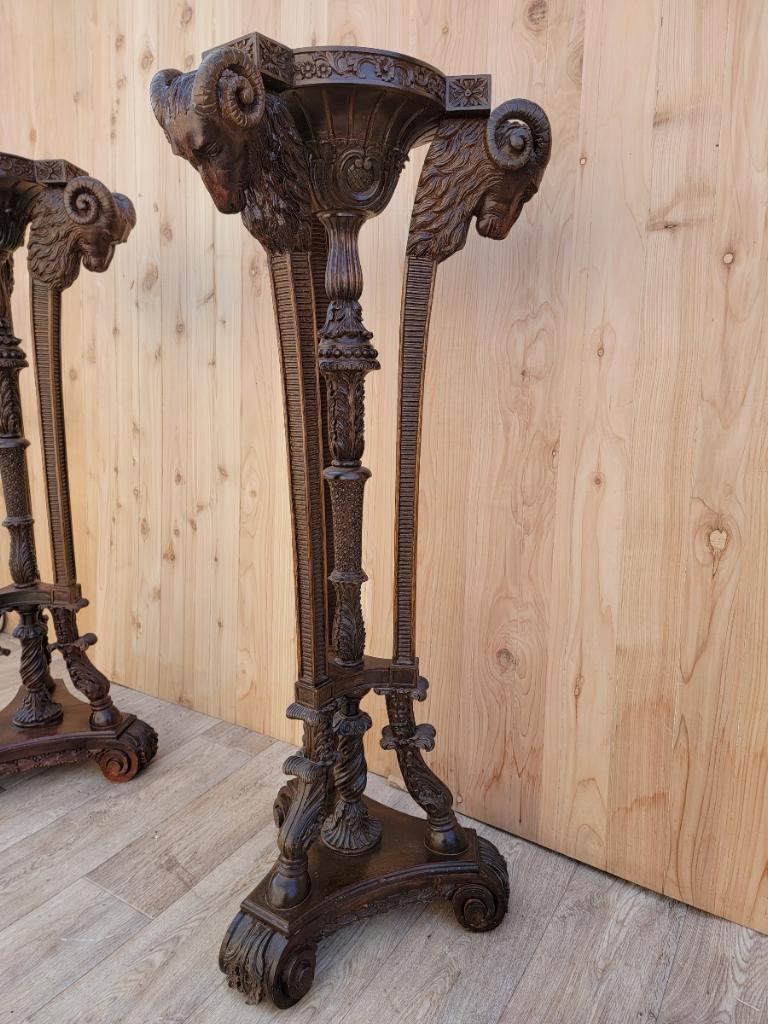 Wood French Neoclassical Carved Mahogany Ram's Head Pedestal Stands, Pair 