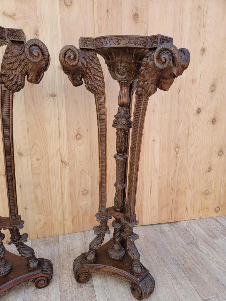 French Neoclassical Carved Mahogany Ram's Head Pedestal Stands, Pair  1