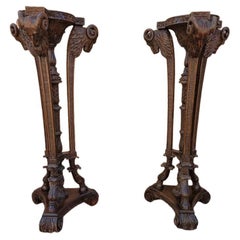 French Neoclassical Carved Mahogany Ram's Head Pedestal Stands, Pair 