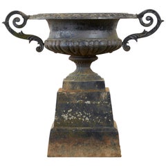 French Neoclassical Cast Iron Garden Urn on Pedestal