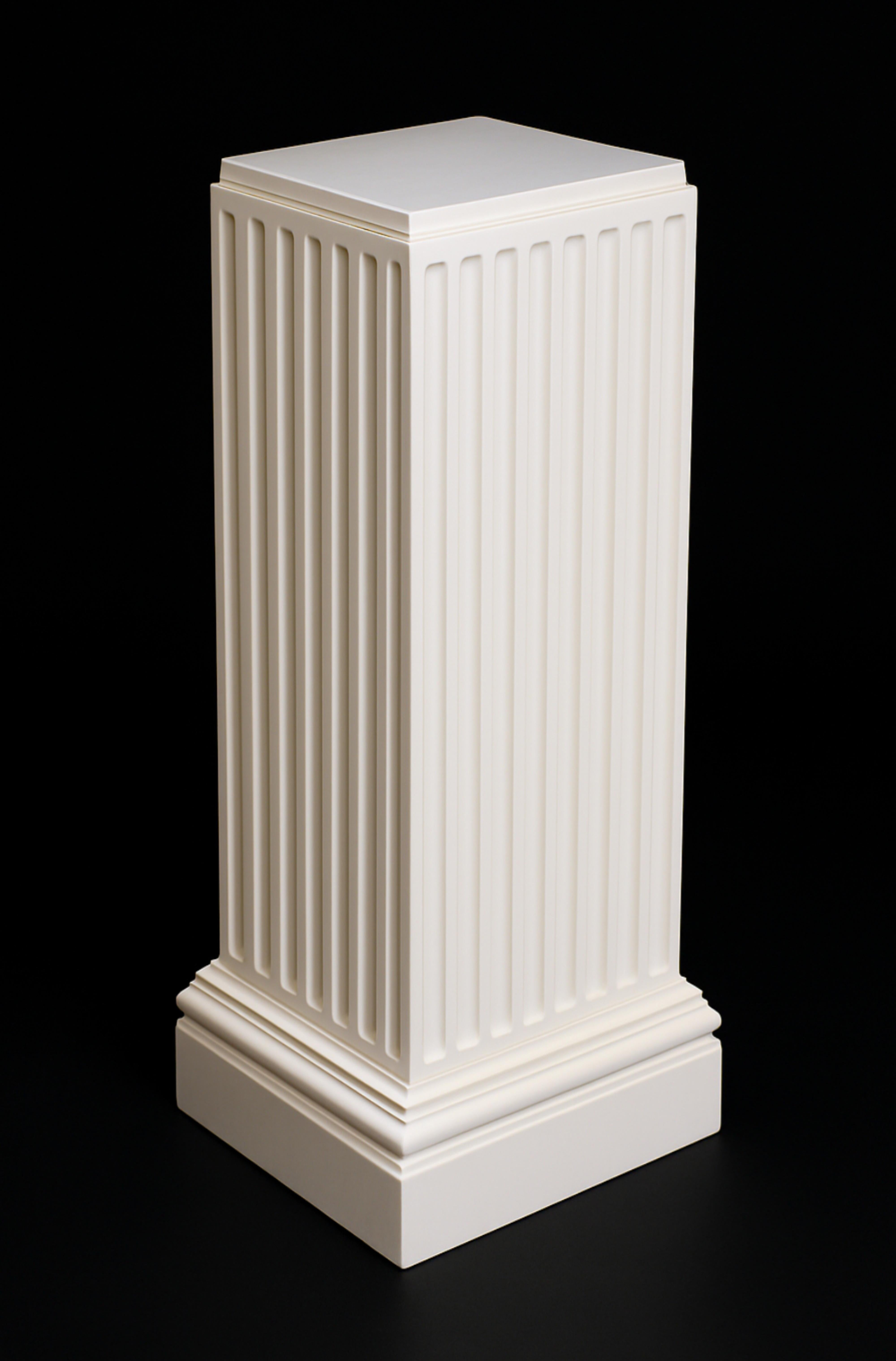Add a 20th-century Neoclassical style column with a marbleized wood finish, featuring a sleek off-white refinish (color reference: #F2F0EF) with a high-gloss lacquer finish. The column showcases a classic fluted design and square shape, with