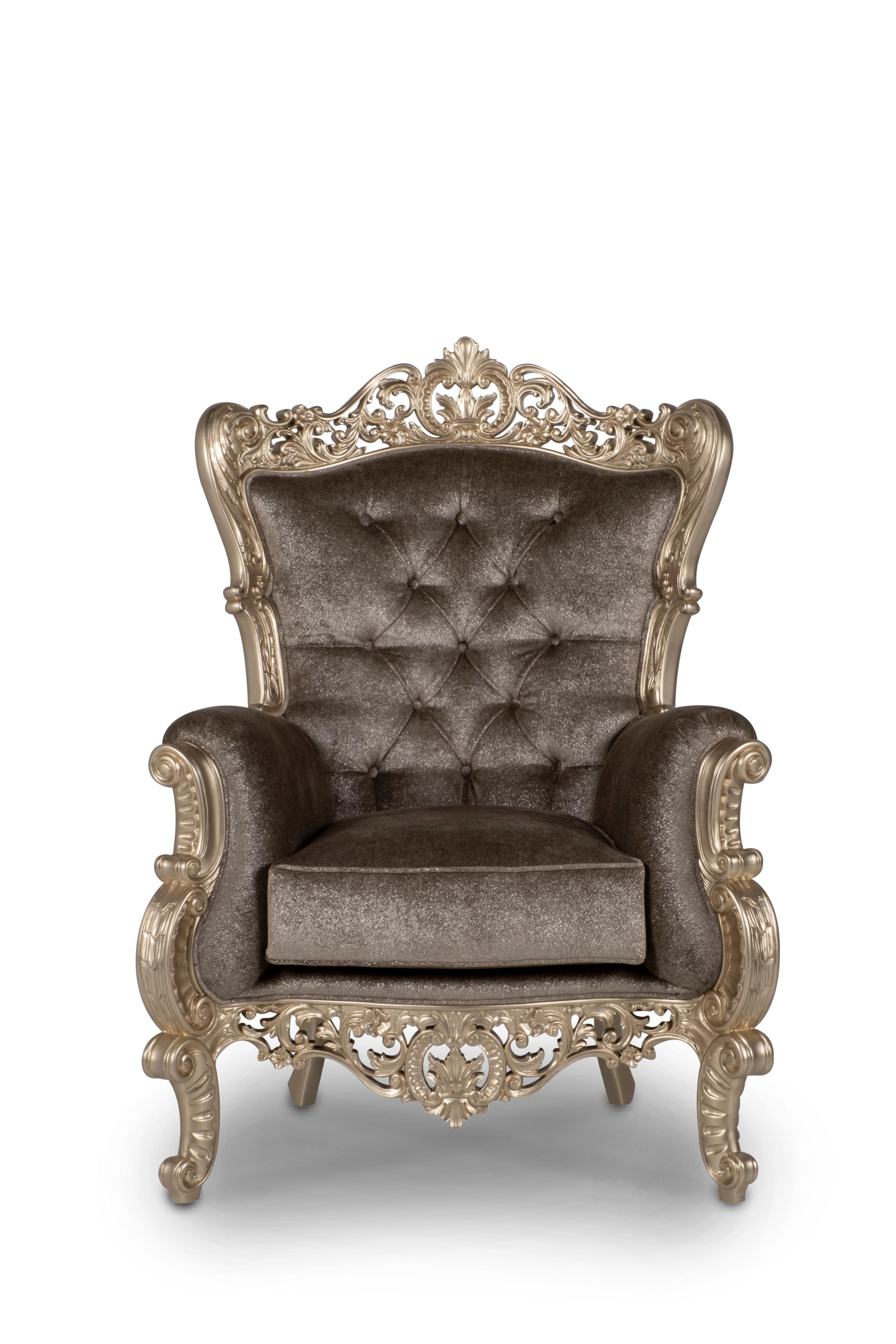 French Neoclassical Christien Armchair, Neoclassical collection, handcrafted in Portugal - Europe by GF Modern.

A French Neoclassical style armchair, Christien is handcarved in linden wood and lacquered in champagne bronze powder with a high-gloss