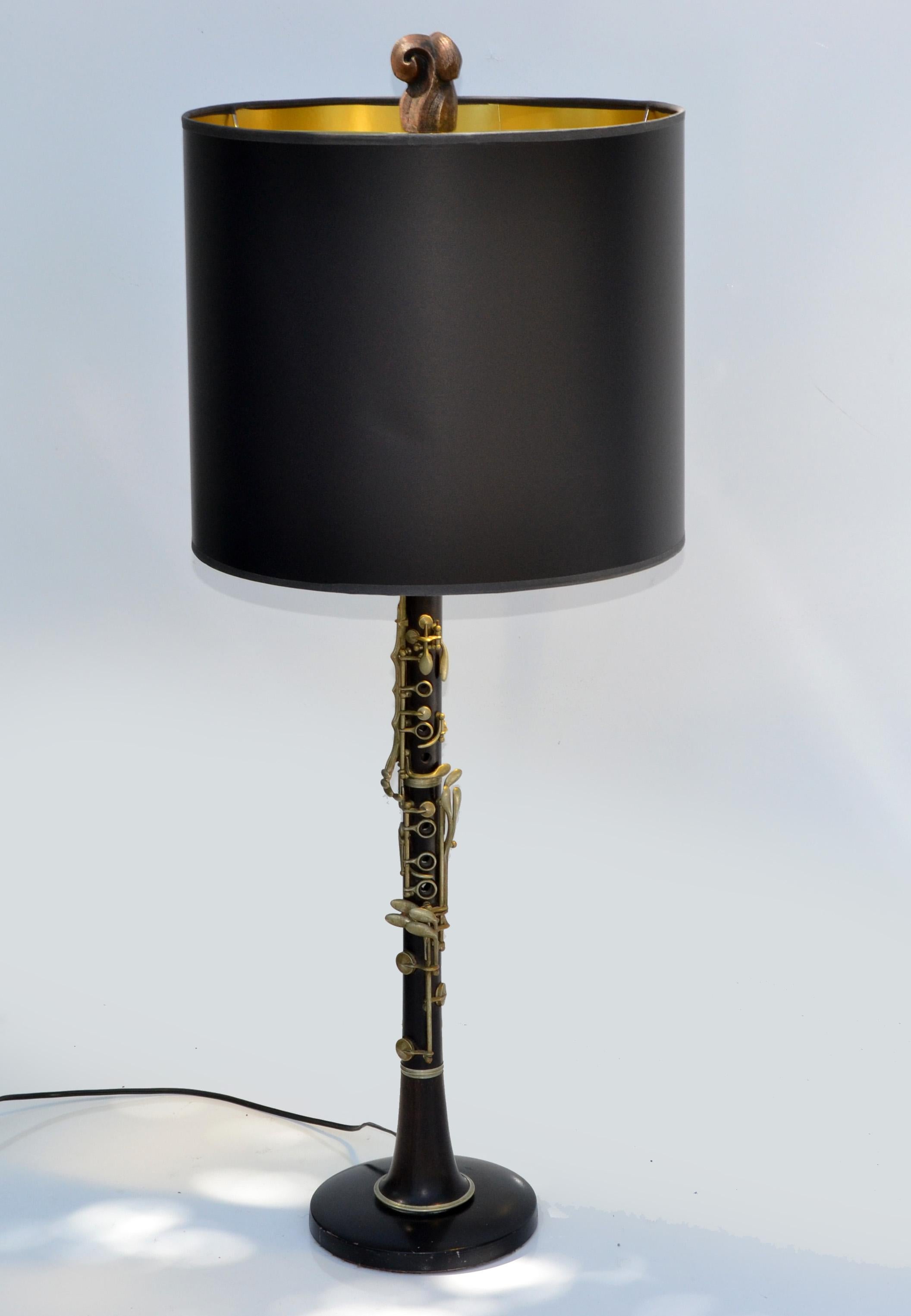 French Neoclassical Clarinet Wood Brass & Metal Table Lamp Black Gold Drum Shade For Sale 2