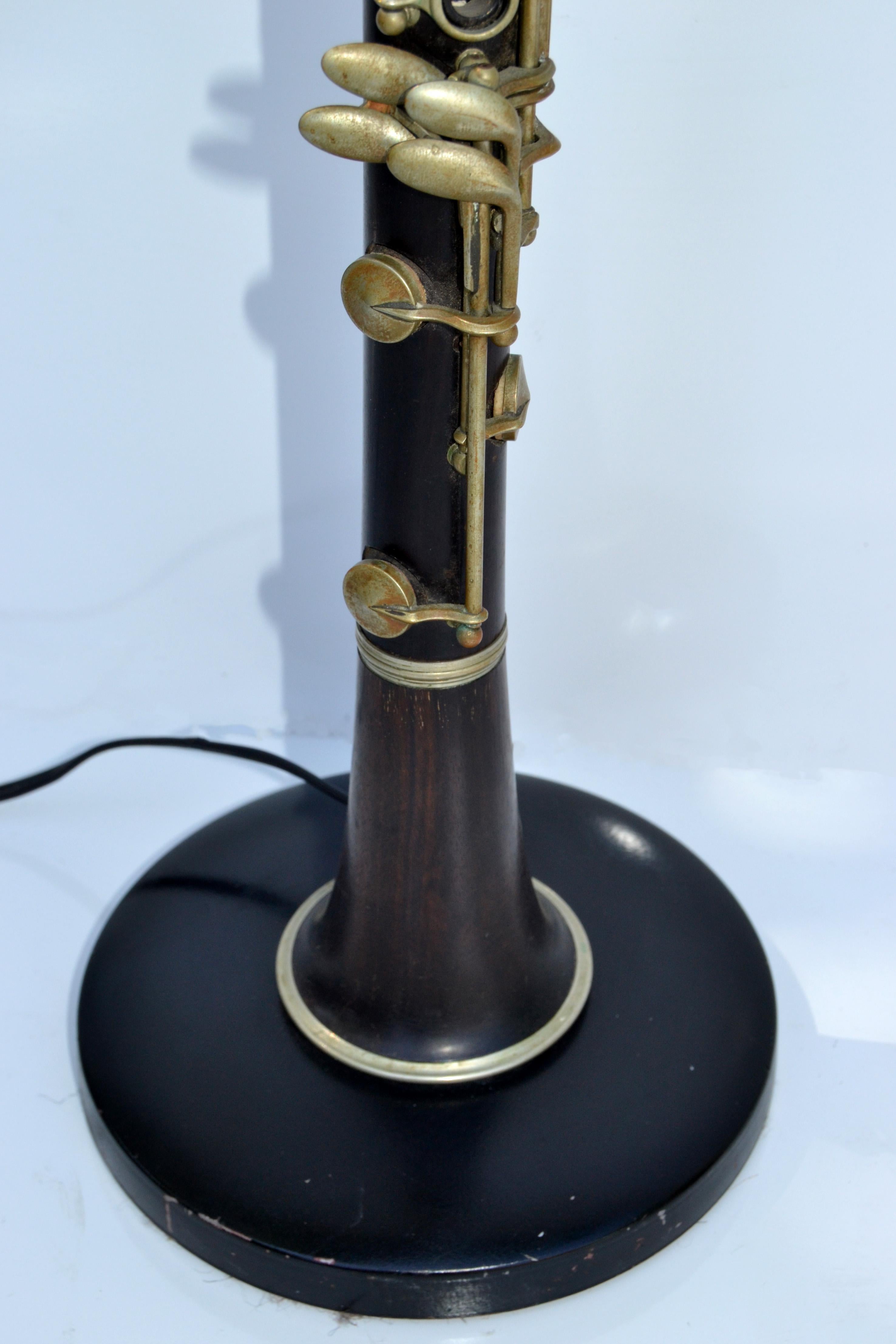 French Neoclassical Clarinet Wood Brass & Metal Table Lamp Black Gold Drum Shade For Sale 5