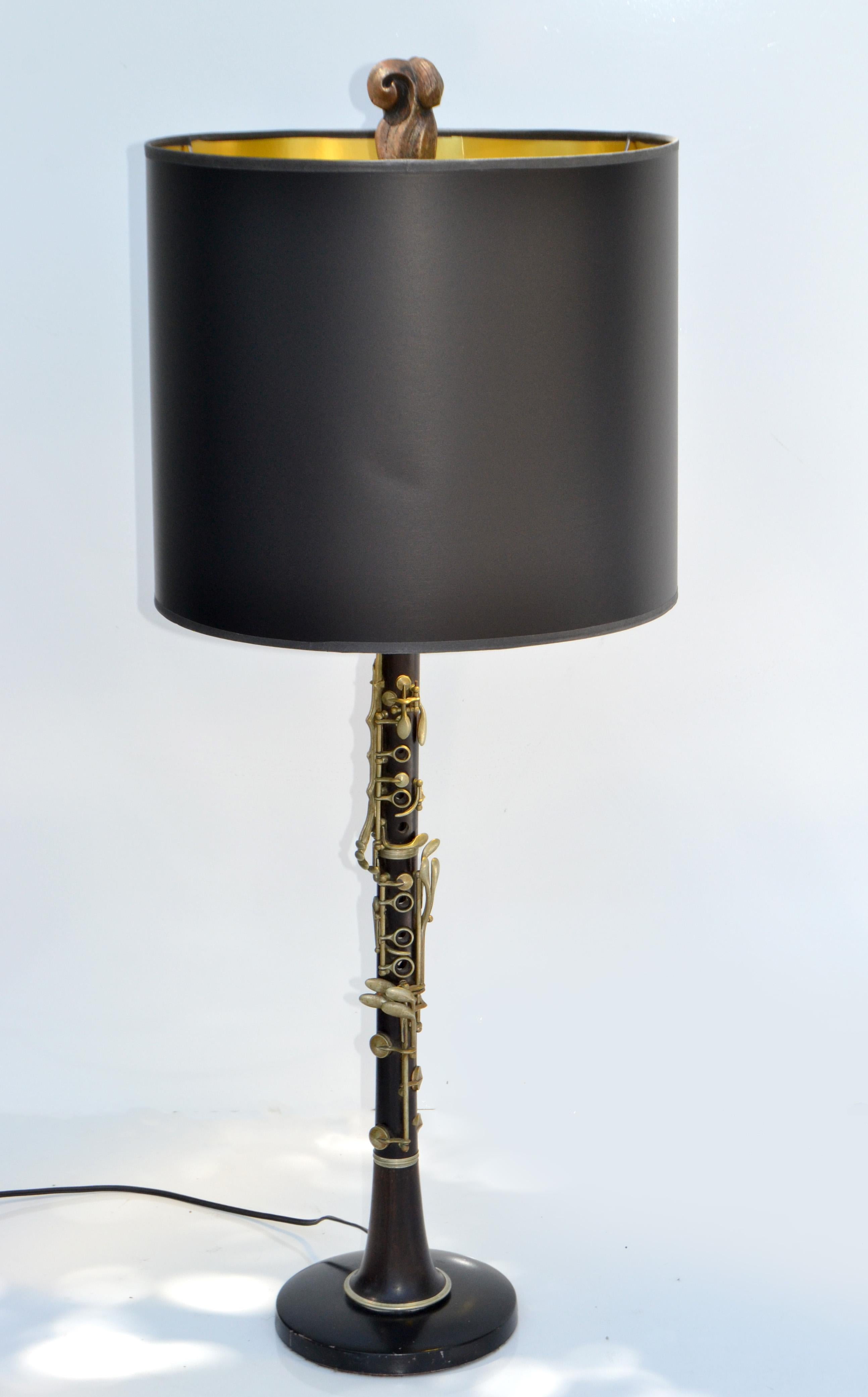 French Neoclassical Clarinet Wood Brass & Metal Table Lamp Black Gold Drum Shade For Sale 8