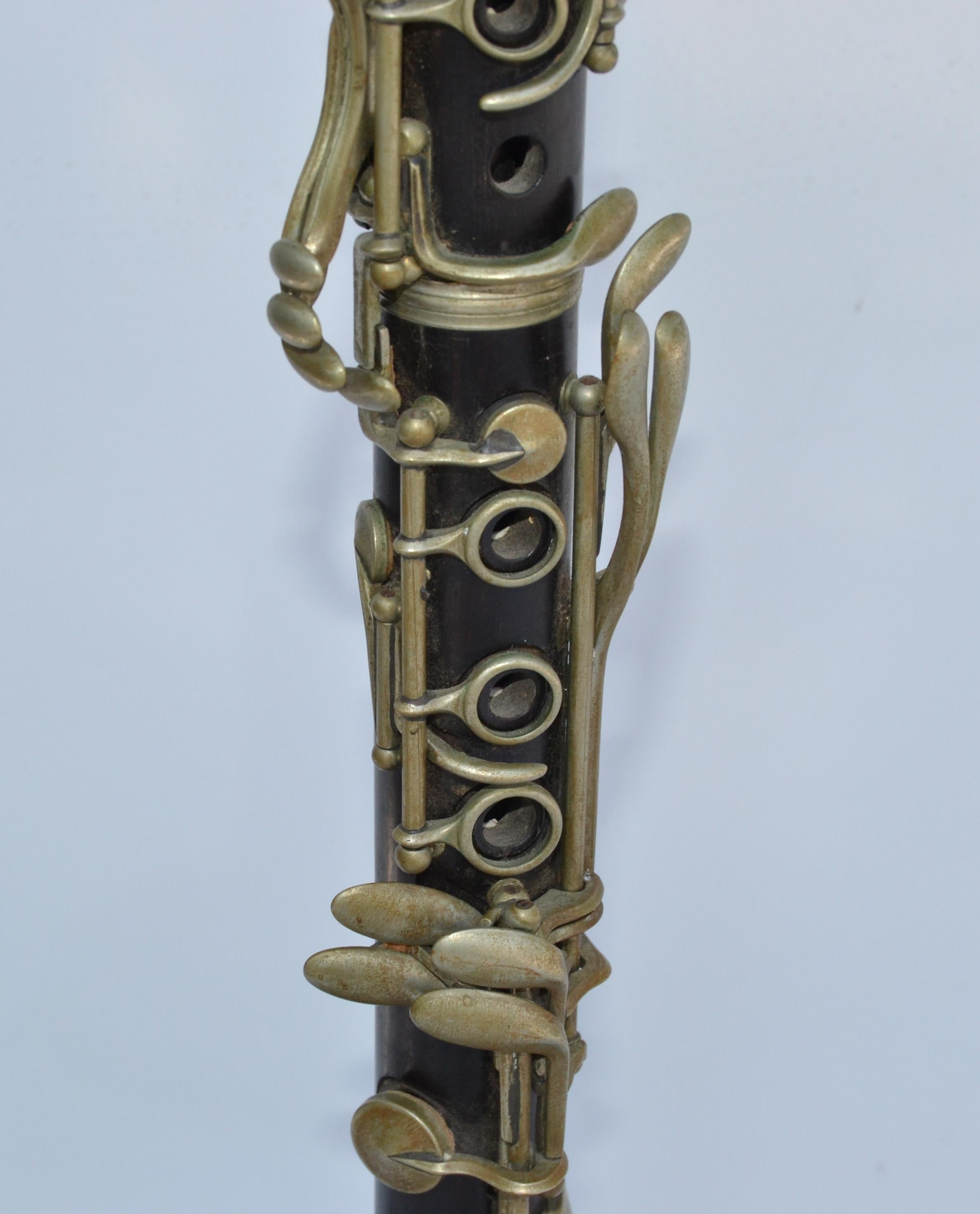 Mid-20th Century French Neoclassical Clarinet Wood Brass & Metal Table Lamp Black Gold Drum Shade For Sale