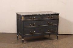 French Neoclassical Commode w/Marble Top & Brass Accents, Custom Midnight Blue