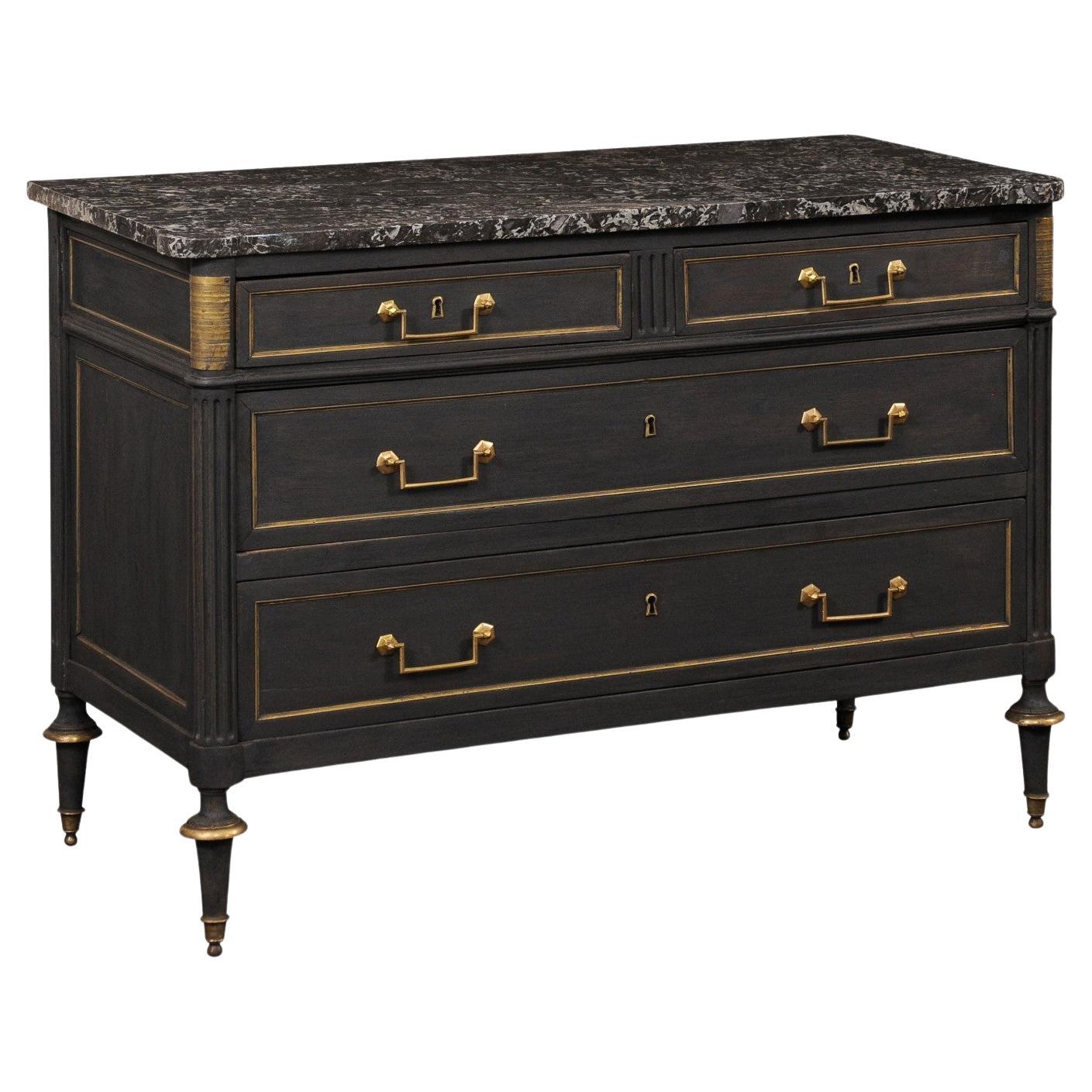 Commodo neoclassico francese con piano in marmo e accenti in ottone, blu notte personalizzato