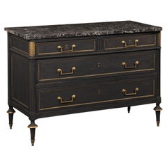 French Neoclassical Commode w/Marble Top & Brass Accents, Custom Midnight Blue