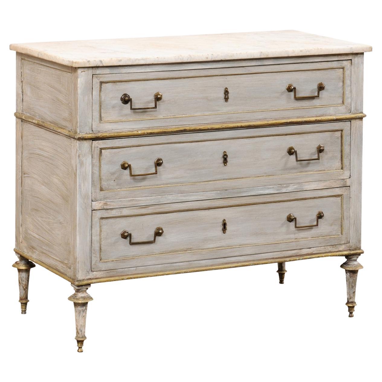 French Neoclassical Commode w/Marble Top & Brass Accents, Early 19th C. For Sale