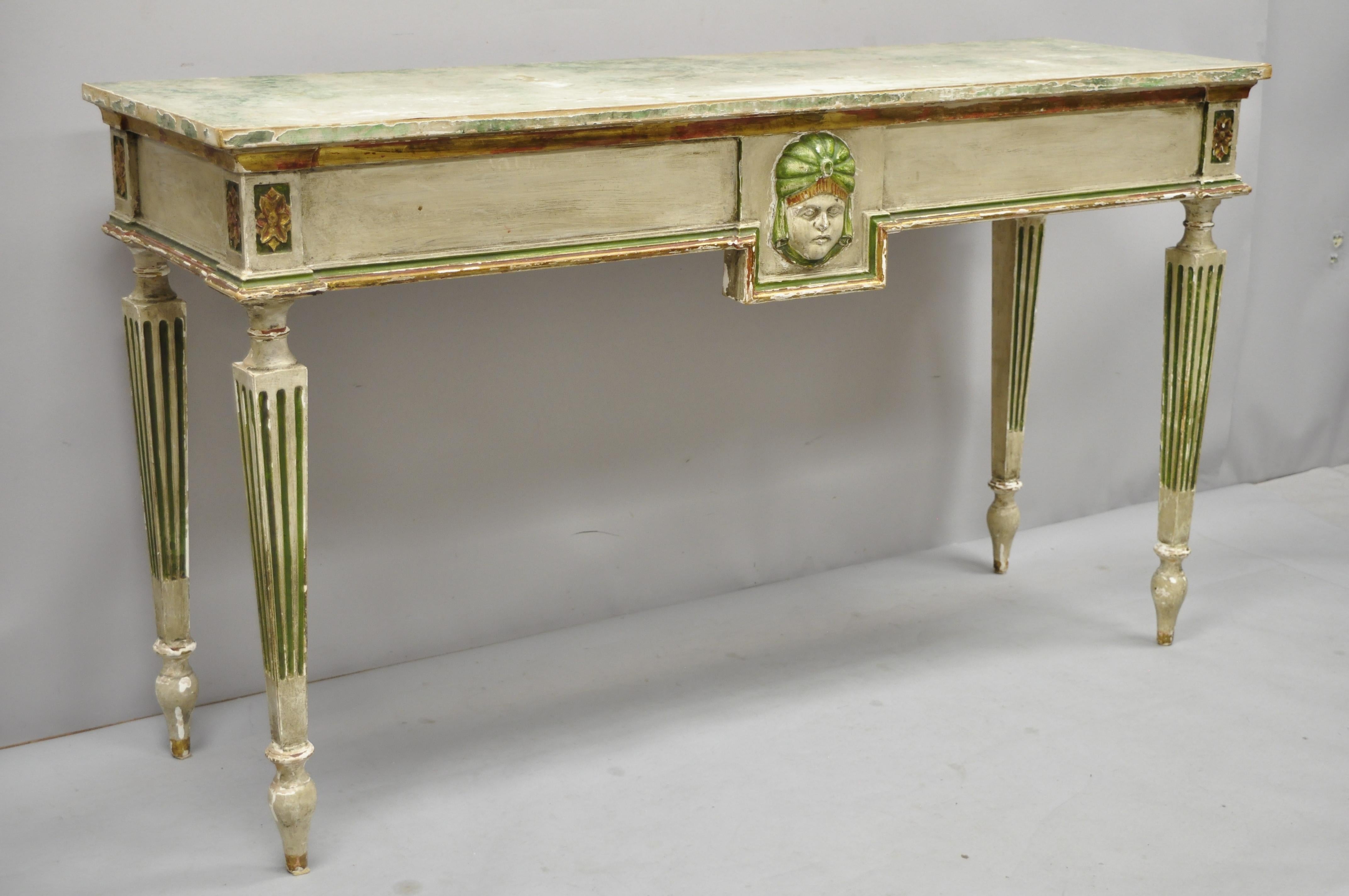 French Neoclassical Continental Distress Painted Figural Console Table with Face 6