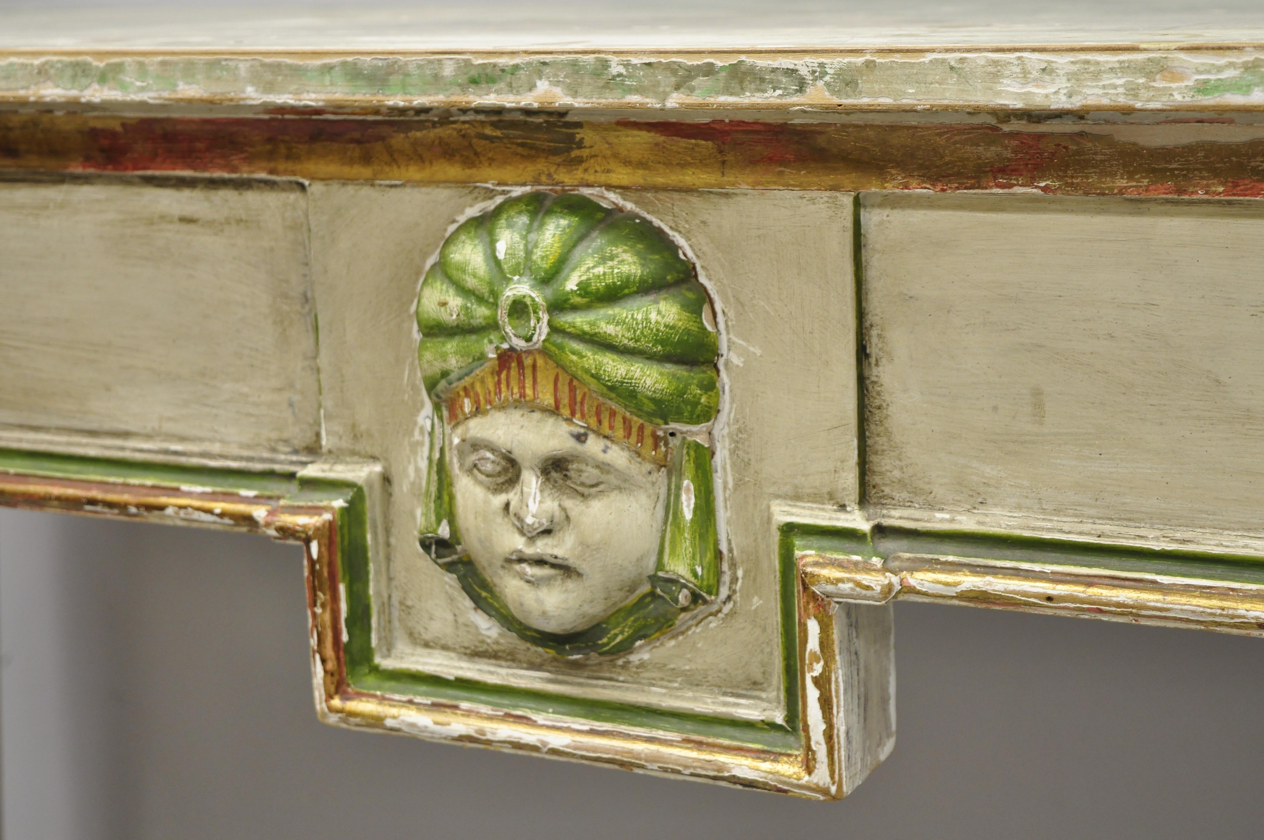 20th Century French Neoclassical Continental Distress Painted Figural Console Table with Face