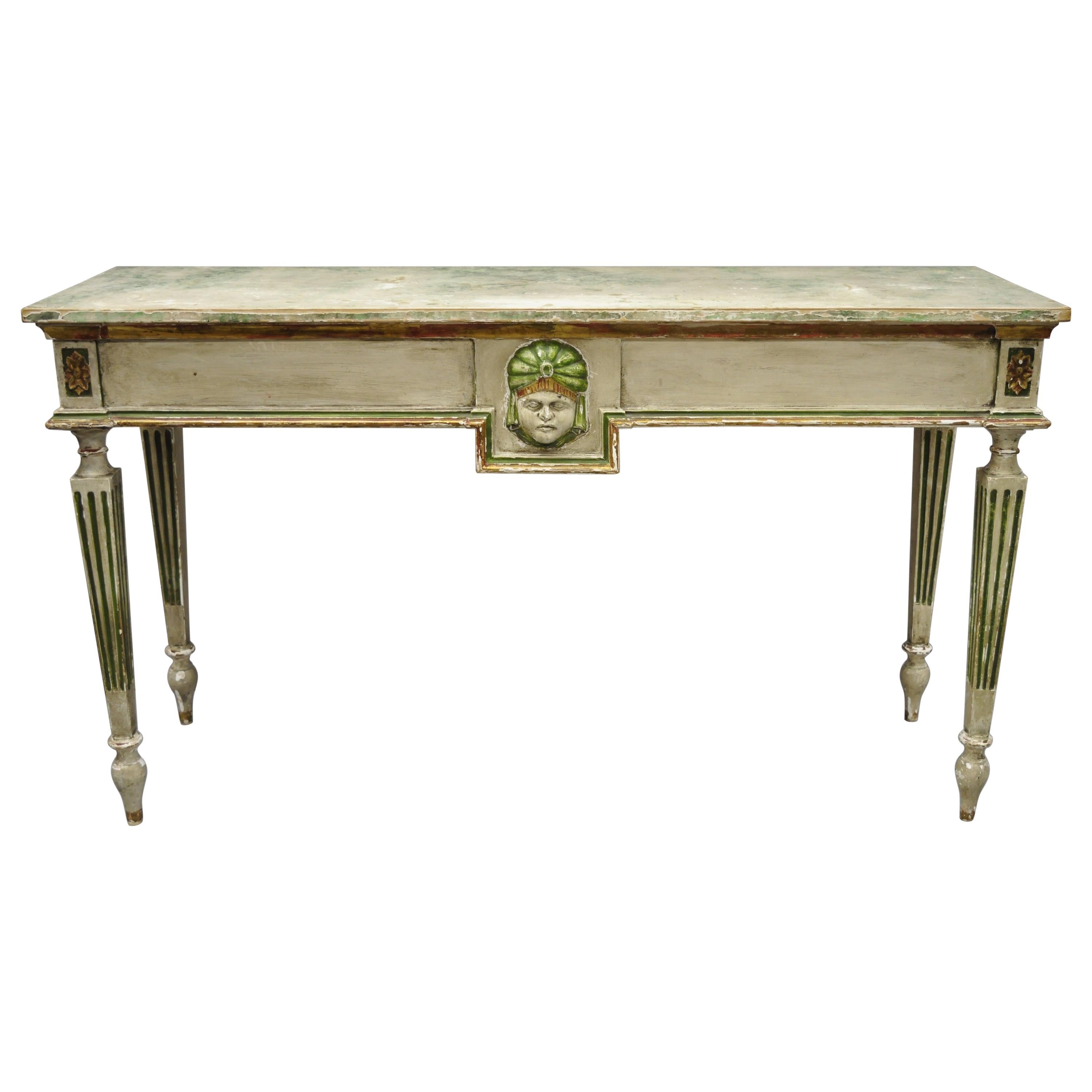 French Neoclassical Continental Distress Painted Figural Console Table with Face