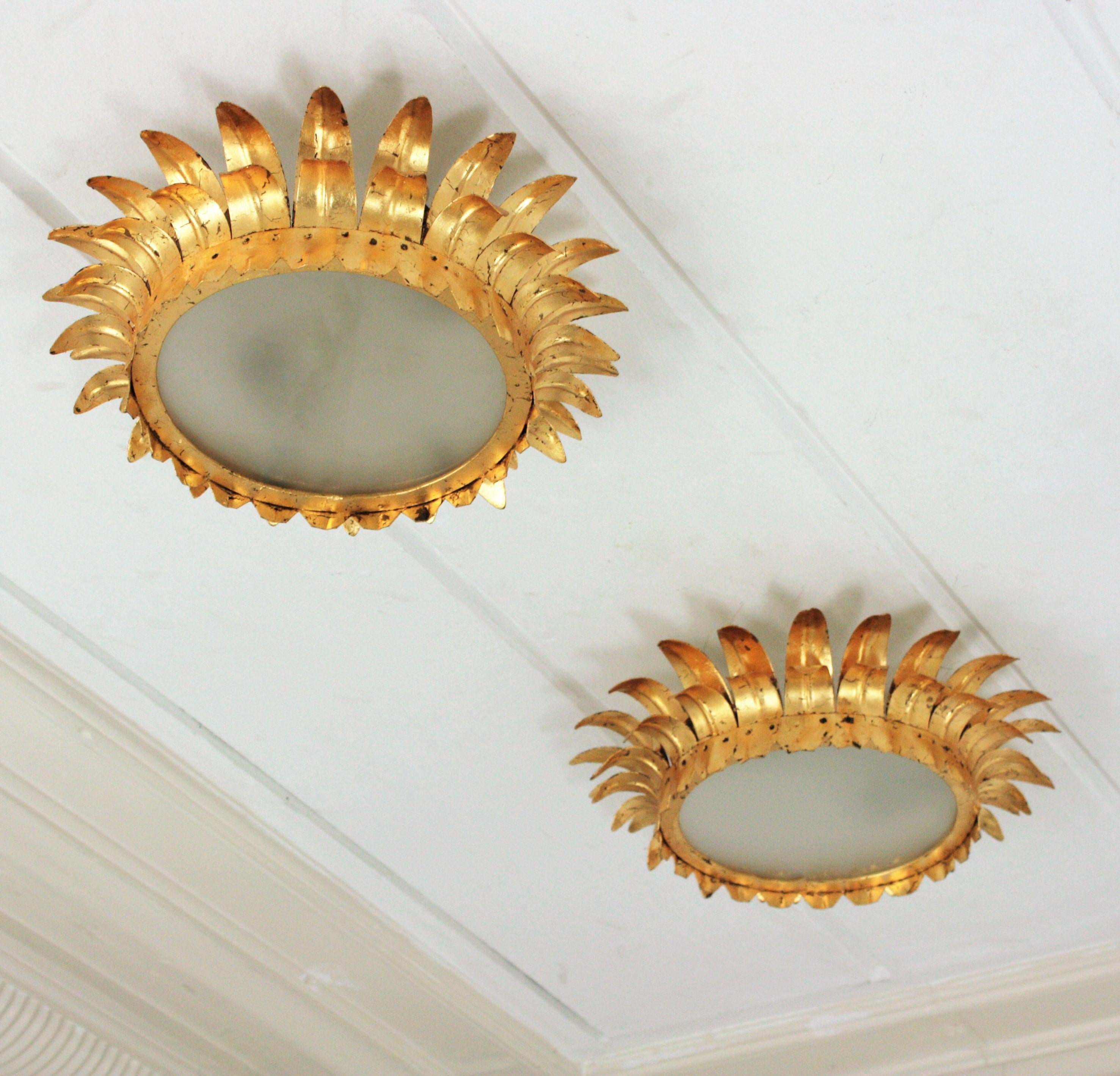 Pair of neoclassical style gilt iron leafed crown light fixtures or pendants. France, 1940s.
Handcrafted in iron and covered with gold leaf. They wear frosted glass panels. Nice aged patina
Place the flush mounted or as pendants hanging from a