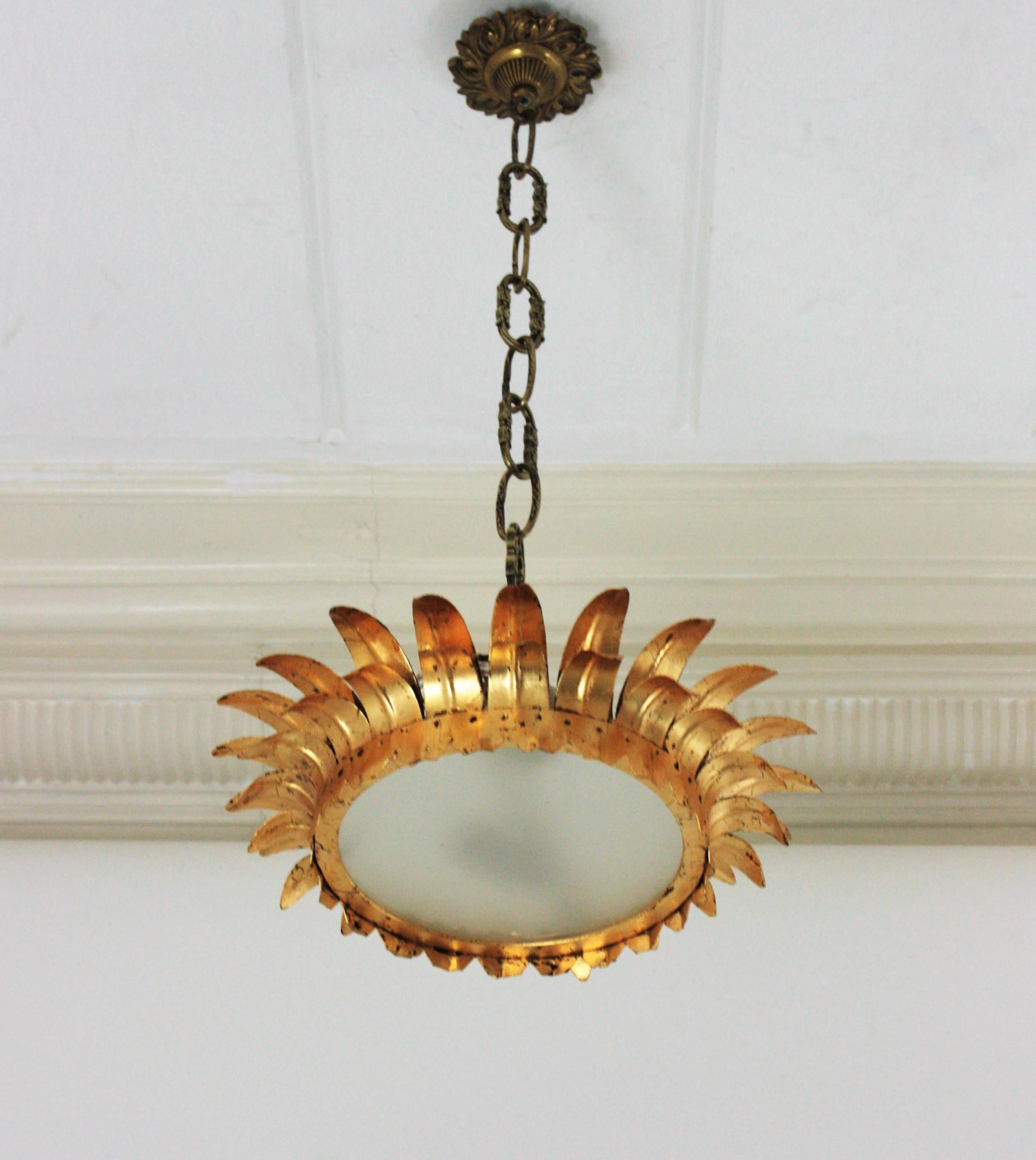 Frosted French Neoclassical Crown Sunburst Flush Mounts in Gilt Iron, Pair