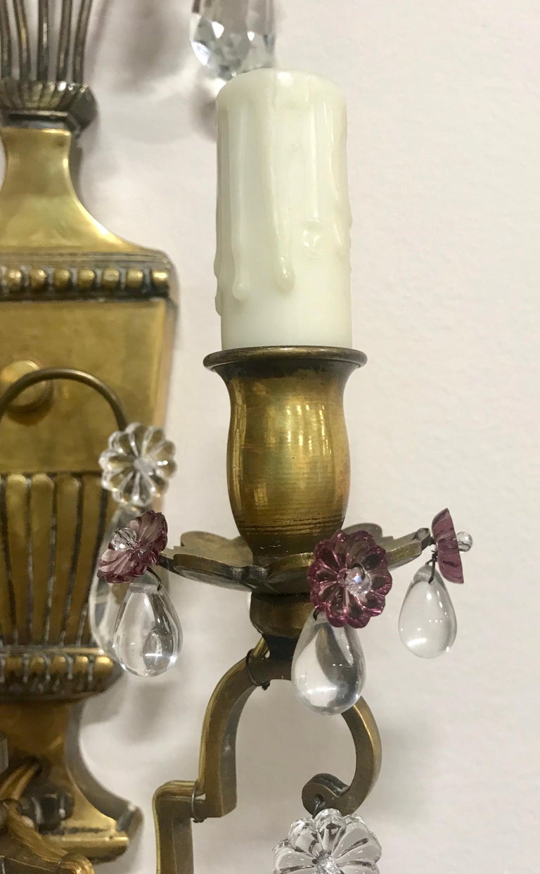 Brass French Neoclassical Crystal Sconces For Sale