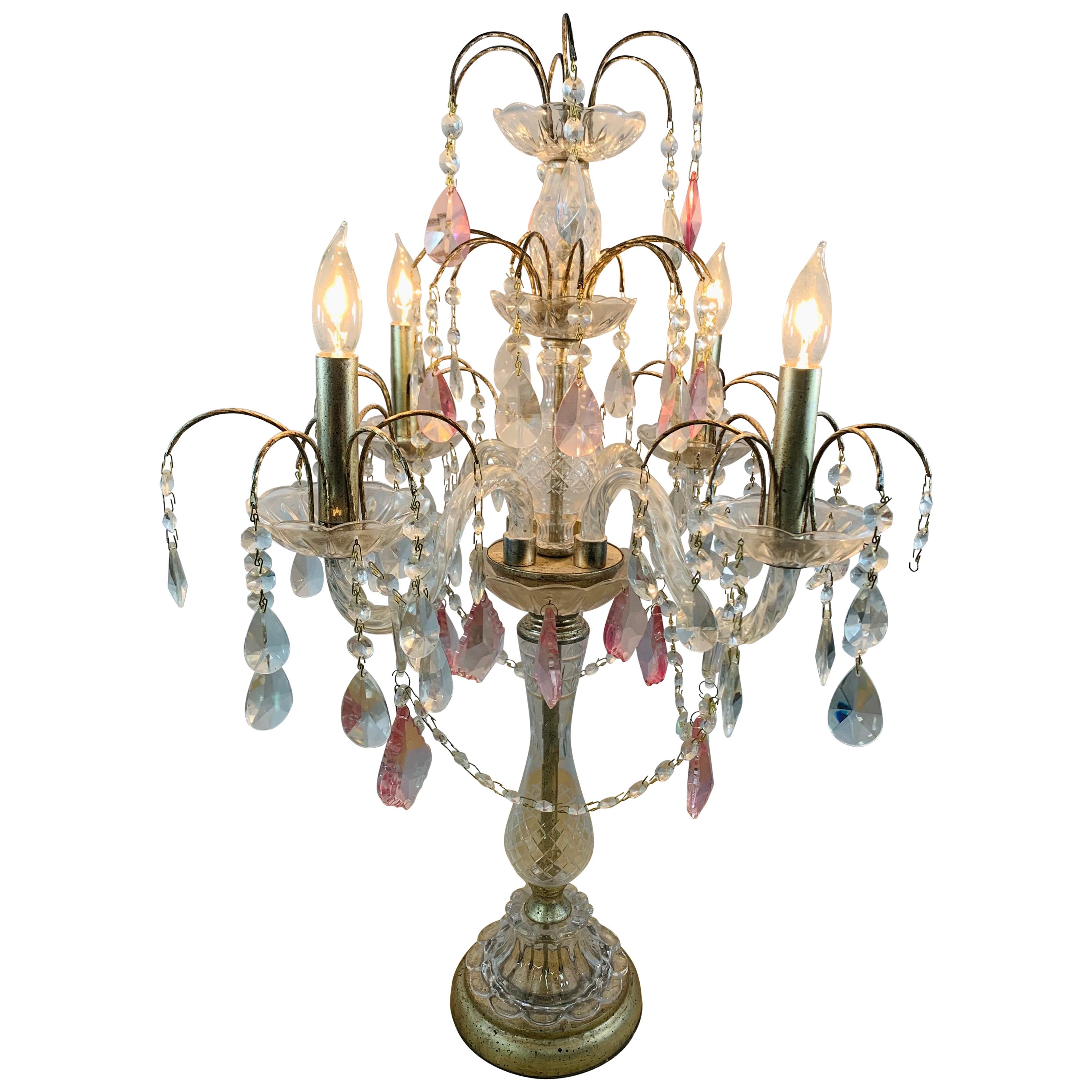 French Neoclassical Cut Crystal Girandole or Table Lamp 