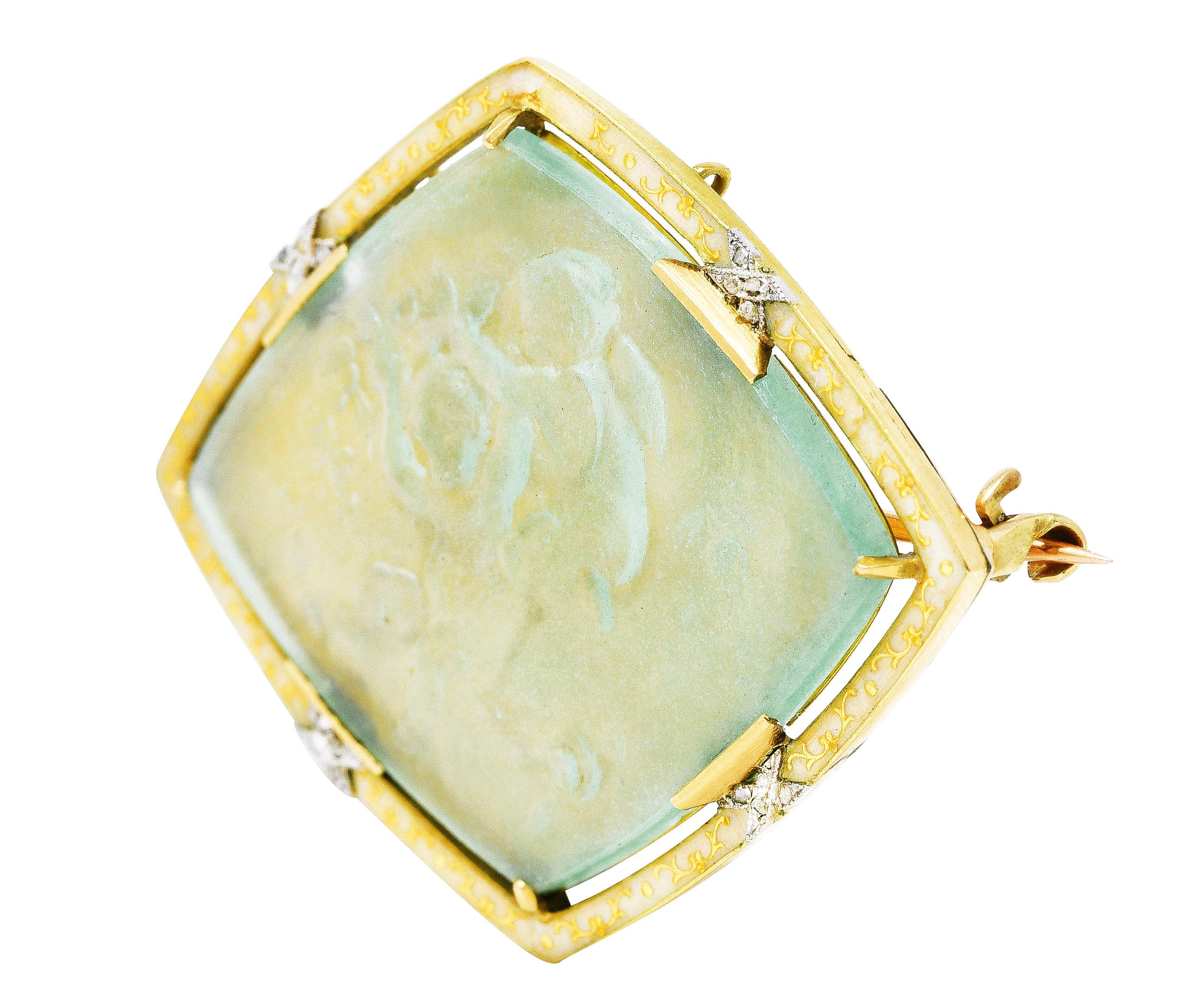 Women's or Men's French Neoclassical Diamond Enamel Platinum 18 Karat Gold Antique Cherub Cameo 