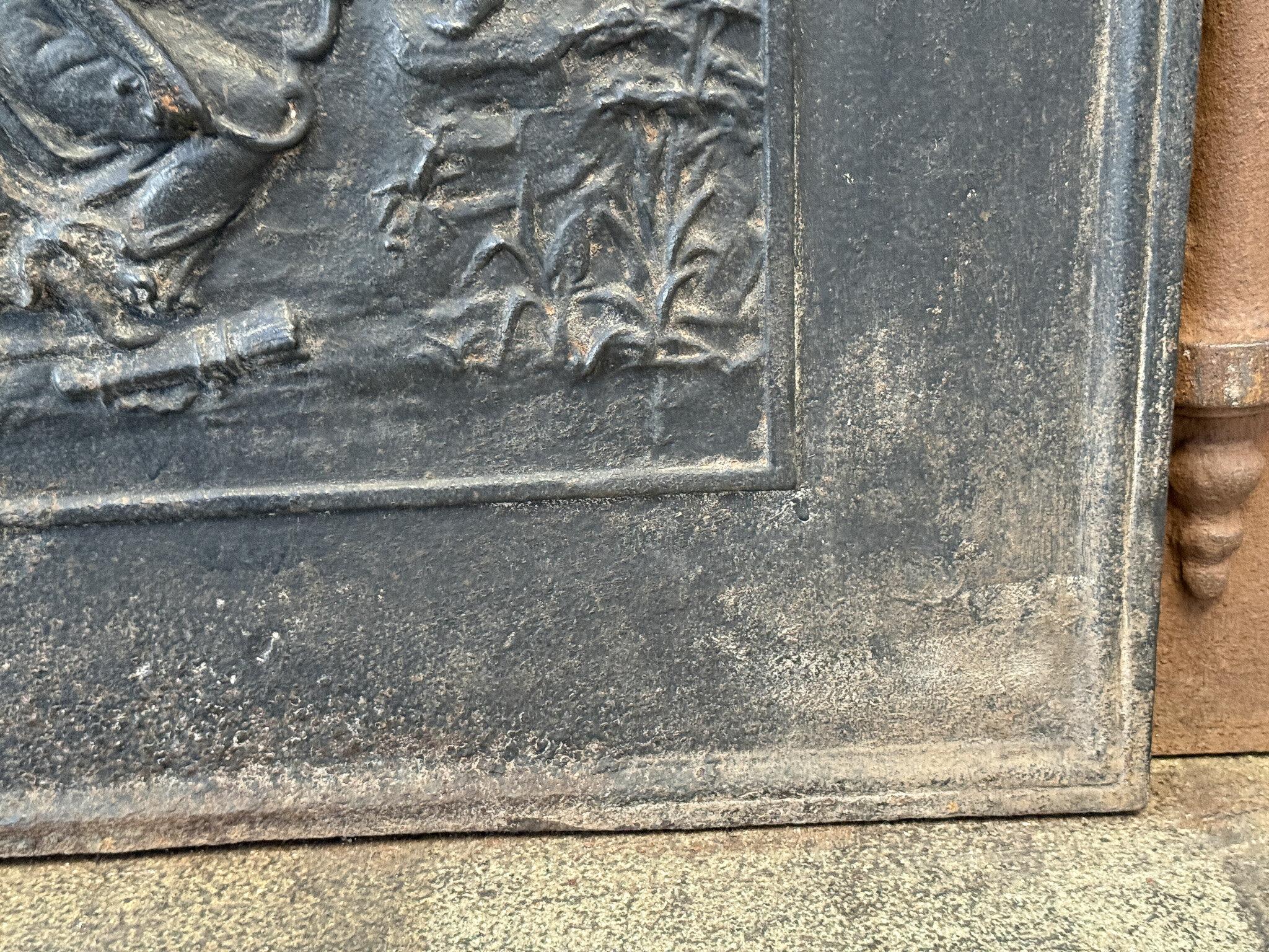 French Neoclassical Period fireback with the goddess Diana. Goddess of hunting, also protector of animals of the forest, especially the young animals. She experienced great pleasure in hunting, but took care that she did not kill more animals than