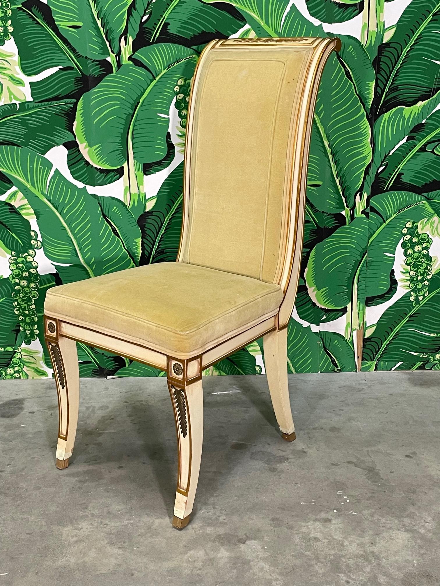 Set of 6 neoclassical style dining chairs by Karges Furniture feature gilded detailing, saber legs, and soft velvet upholstery. Upholstered backs as well. Very comfortable. Good vintage condition with imperfections consistent with age, see photos
