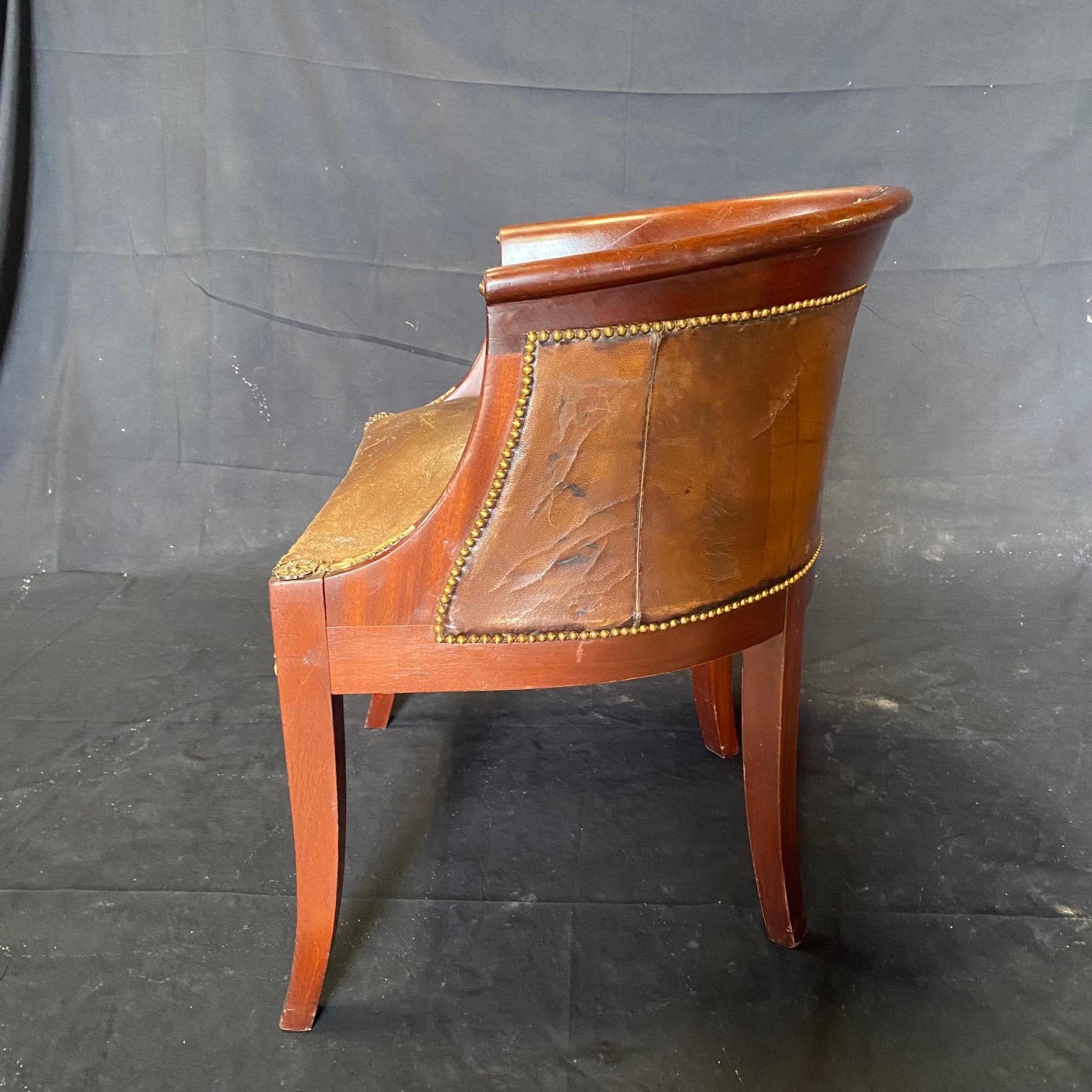 French Neoclassical Distressed Leather & Walnut Dressing Table or Desk Chair  For Sale 6