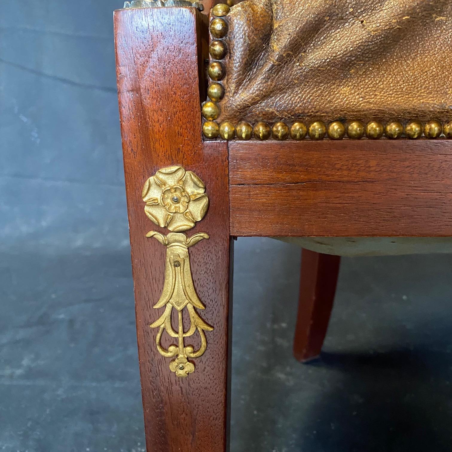 Brass French Neoclassical Distressed Leather & Walnut Dressing Table or Desk Chair  For Sale