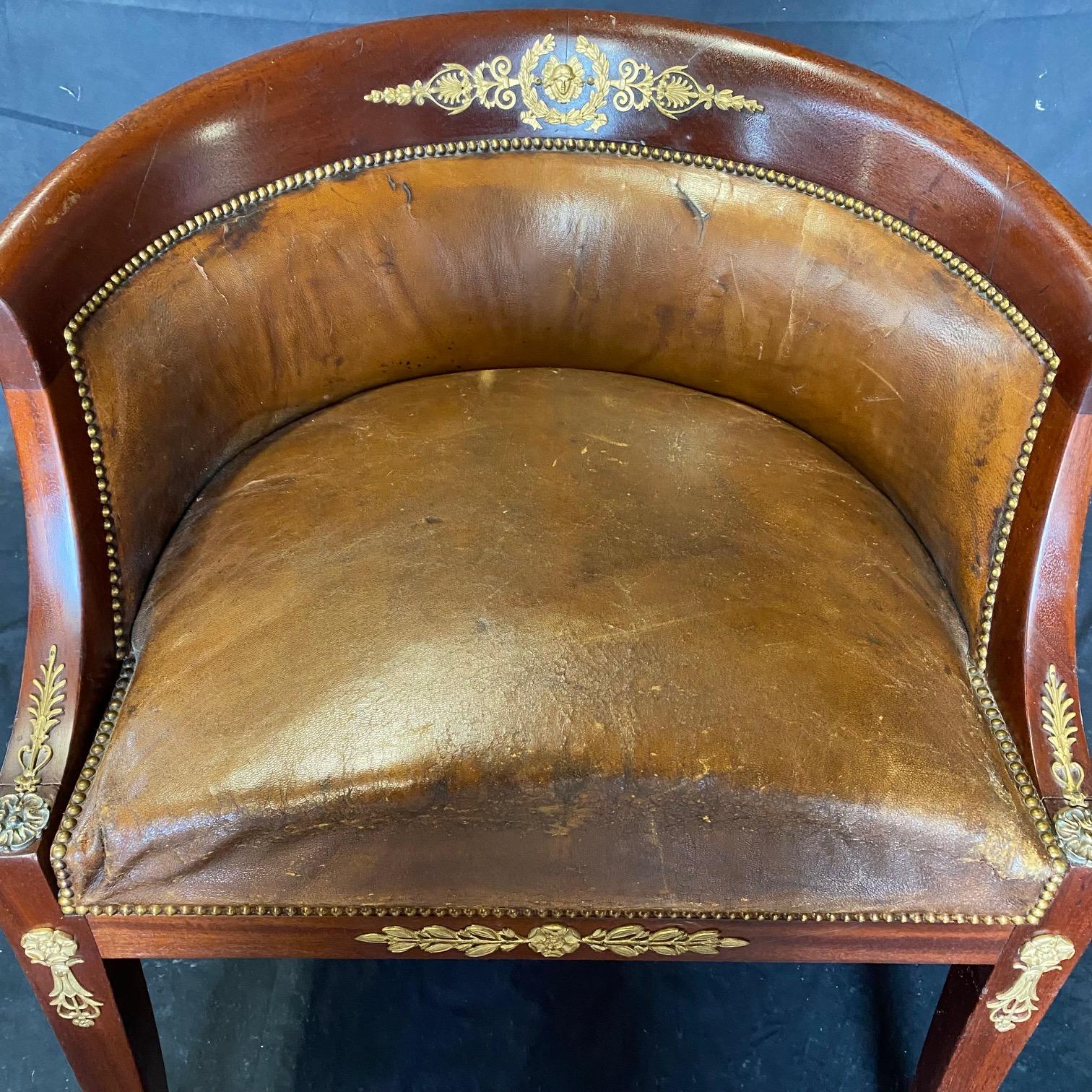 French Neoclassical Distressed Leather & Walnut Dressing Table or Desk Chair  For Sale 1