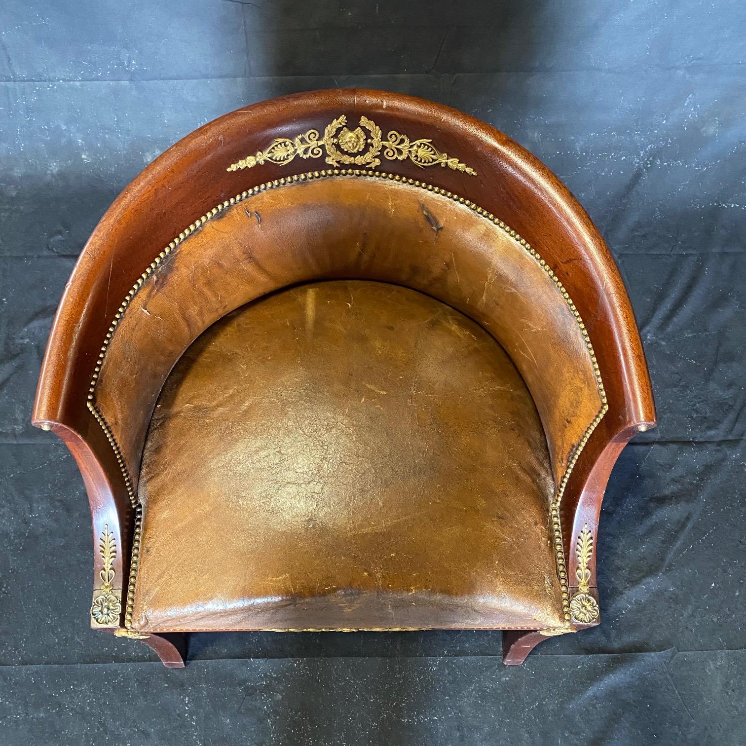 French Neoclassical Distressed Leather & Walnut Dressing Table or Desk Chair  For Sale 2