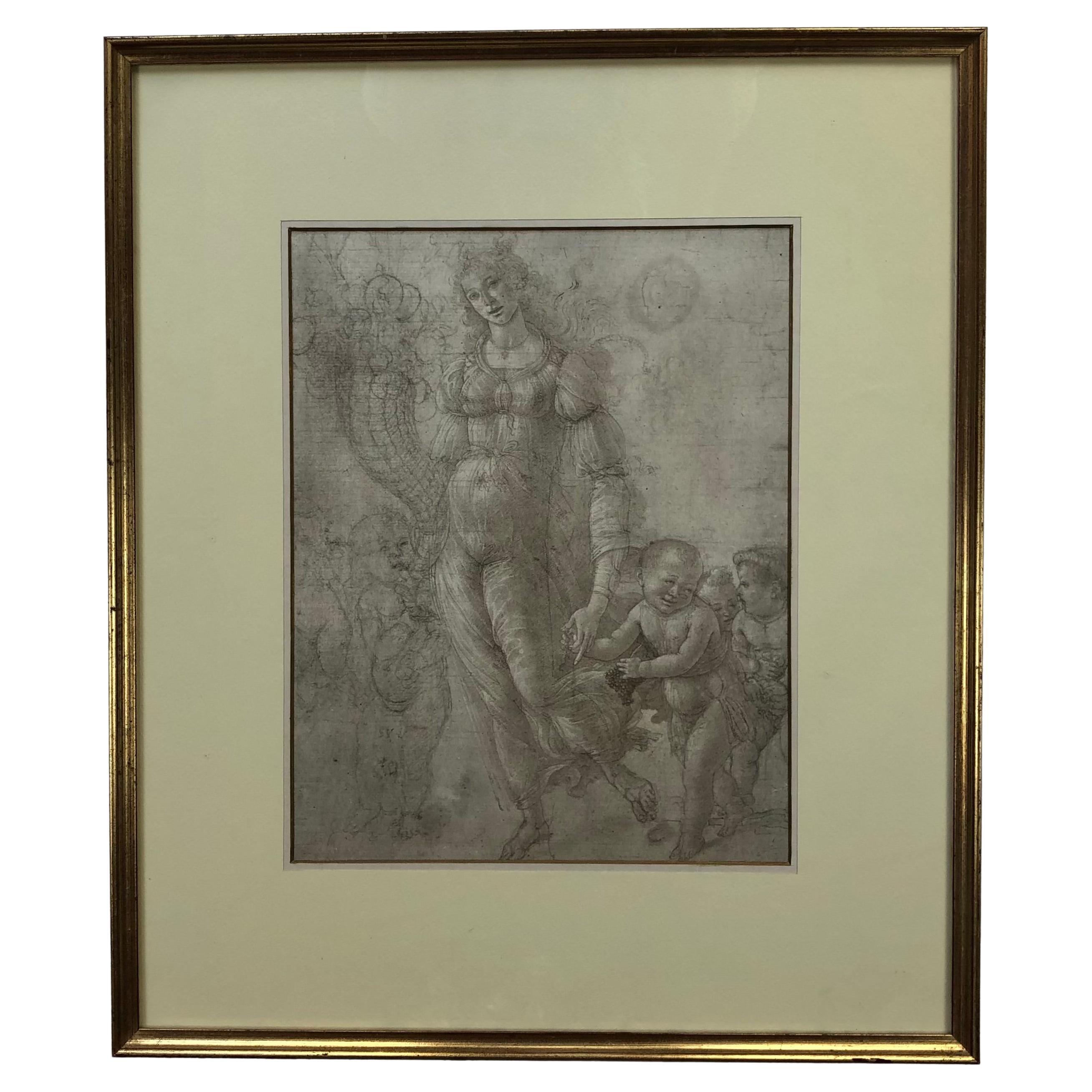 French Neoclassical Drawing Woman with Children Framed by the Medici Society For Sale