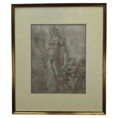 Antique French Neoclassical Drawing Woman with Children Framed by the Medici Society