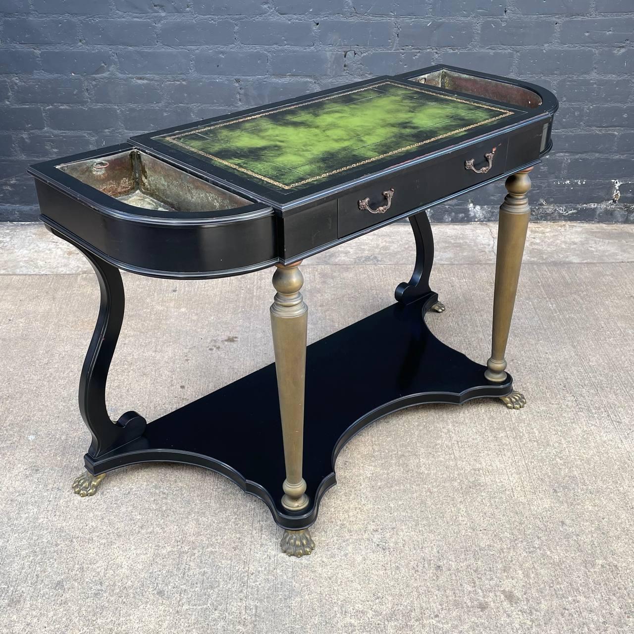Original Vintage Condition
Materials: Ebonized Wood, Leather Top, Patinated Brass
